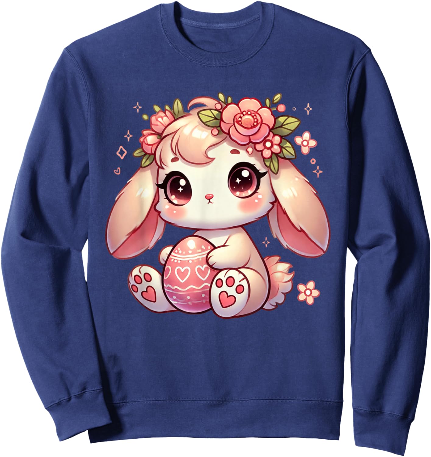 Easter Bunny with Floral Flower Crown Cute Girls Women Sweatshirt - Sweatshirt | Navy