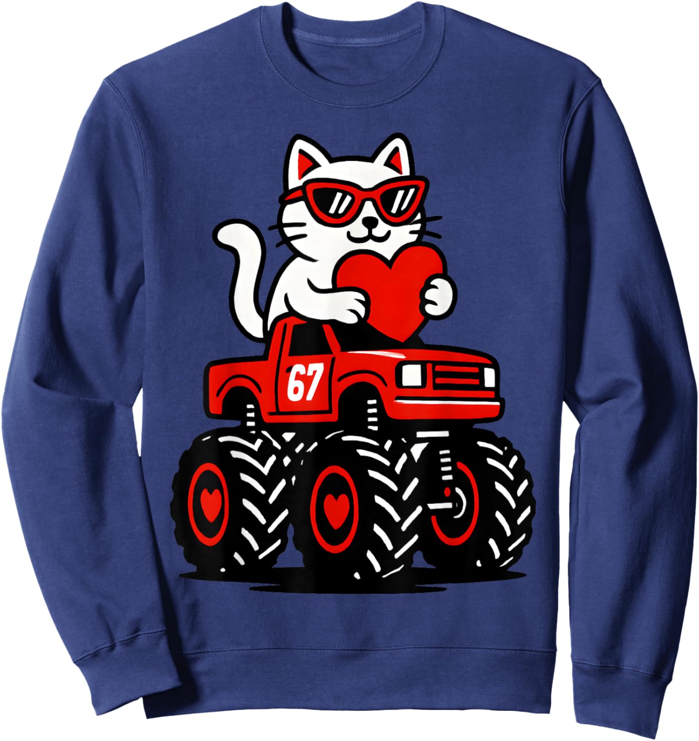 Valentines Day Cat Riding Truck Funny Toddler Boys Girls Sweatshirt - Sweatshirt | Navy