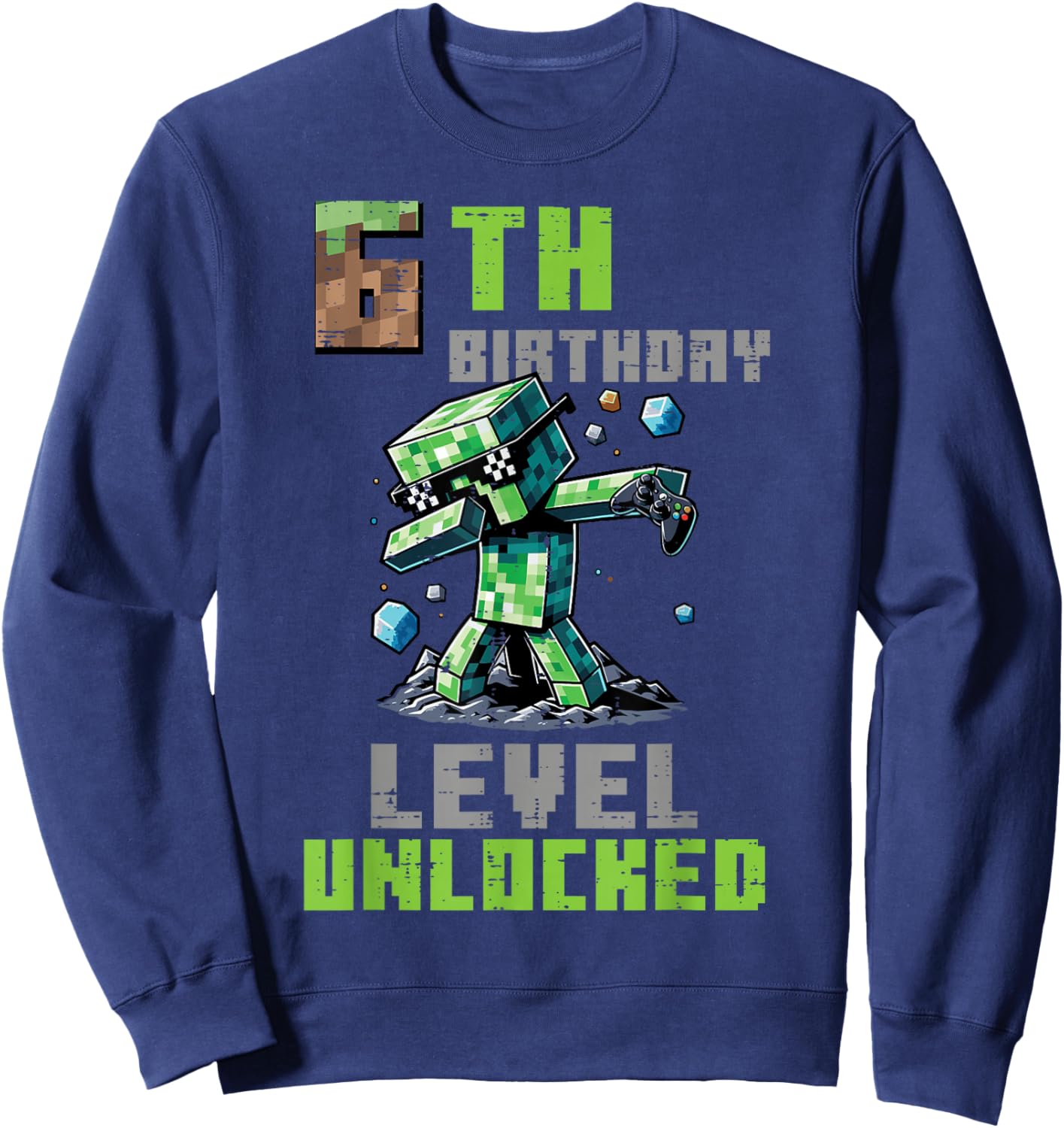 6th Birthday Level Unlocked Pixel Dab 6 Bday Gamer Boys Kids Sweatshirt - Sweatshirt | Navy