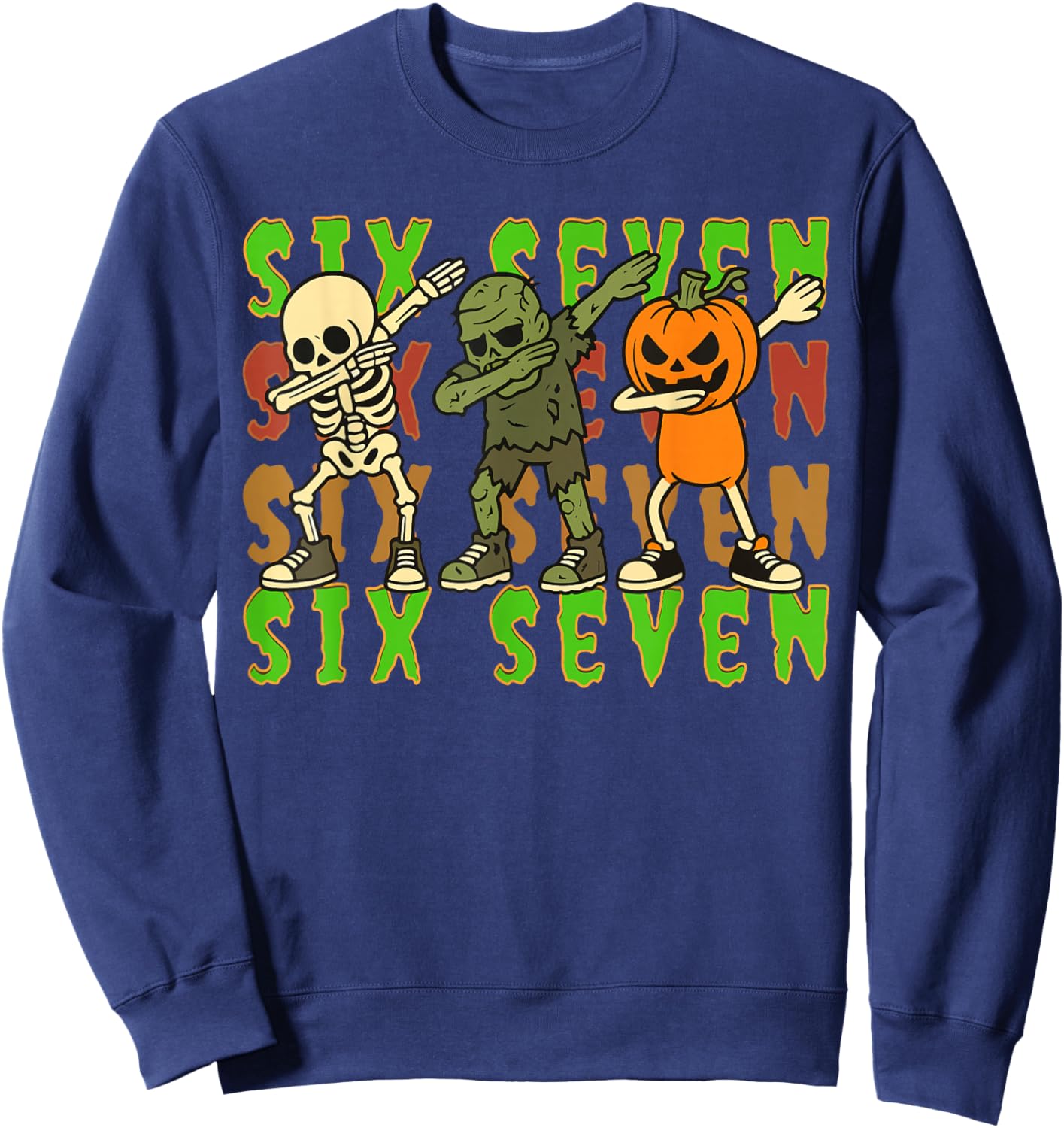 Six Seven Dabbing Skeleton Pumpkin Halloween Boys Kids Sweatshirt - Sweatshirt | Navy