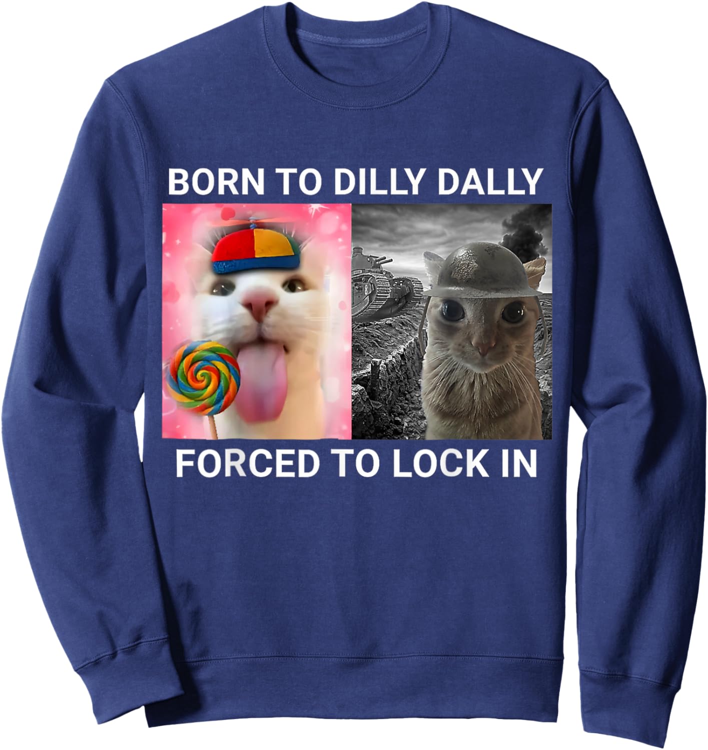 Born to Dilly Dally Forced to Lock in Funny Cat Meme Sweatshirt - Sweatshirt | Navy