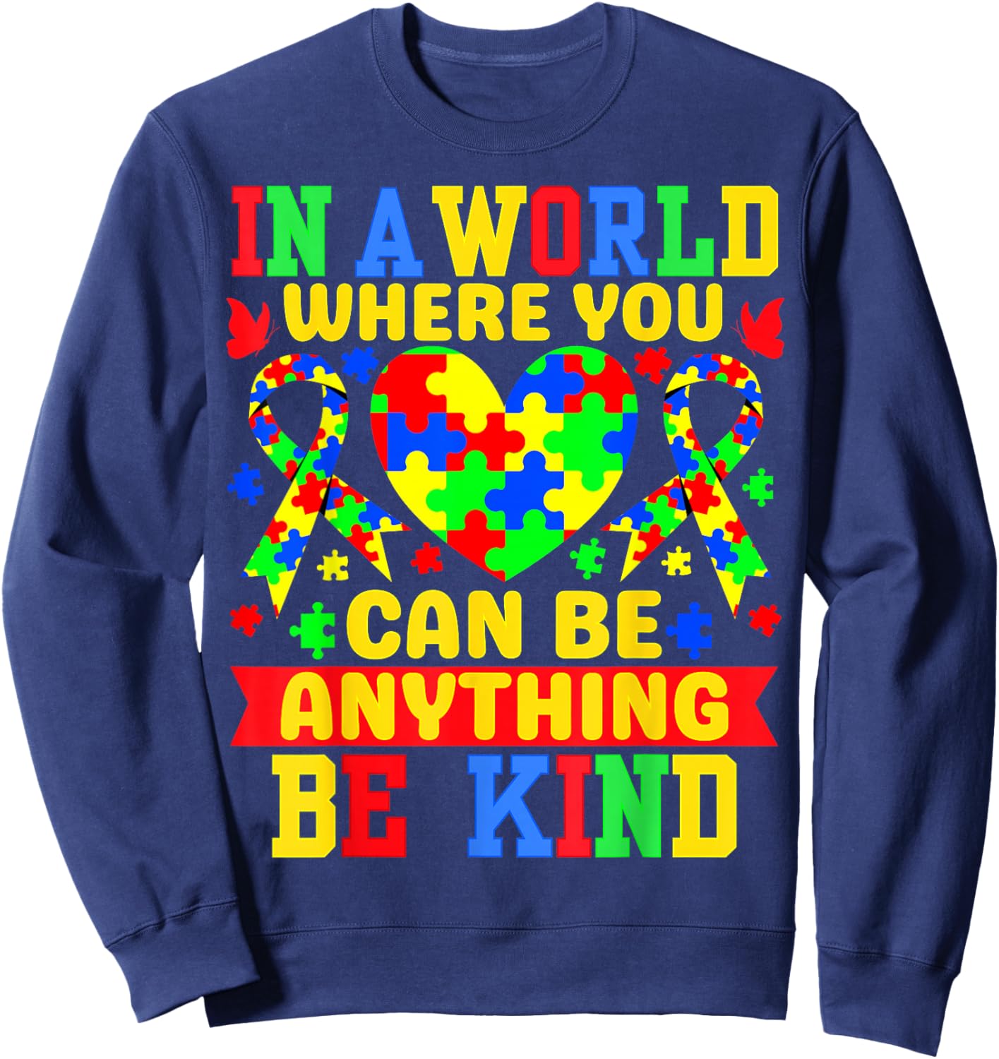 Be Kind Autism Awareness Ribbon Heart Autism Puzzle Kids Sweatshirt - Sweatshirt | Navy