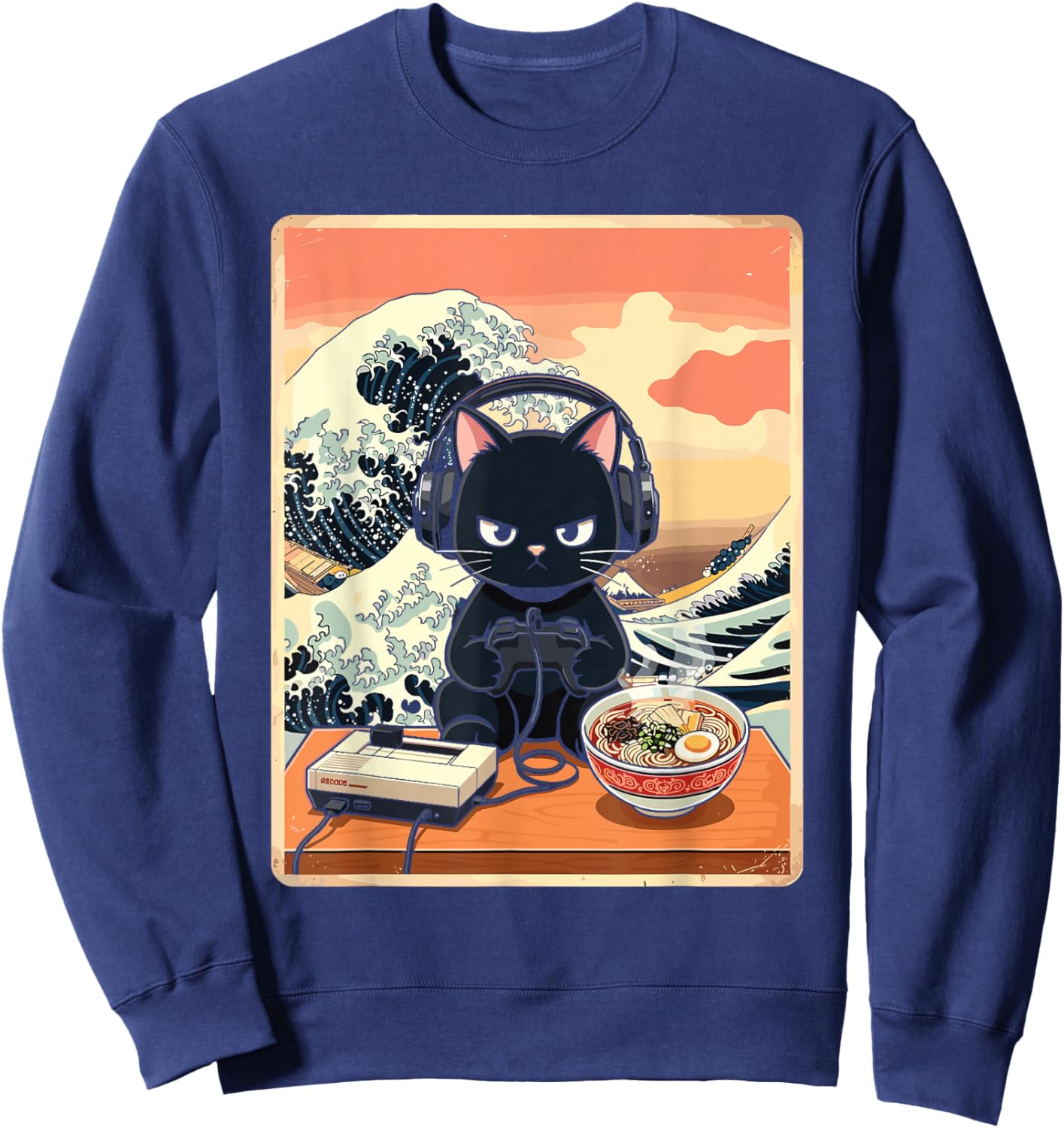 Retro Gamer Cat with Ramen Great Wave for Anime Fans Sweatshirt - Sweatshirt | Navy
