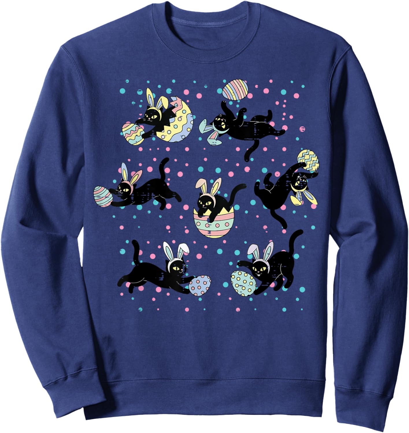 Easter Black Cat Poses Bunny Ears Eggs Cute Girls Kids Women Sweatshirt - Sweatshirt | Navy