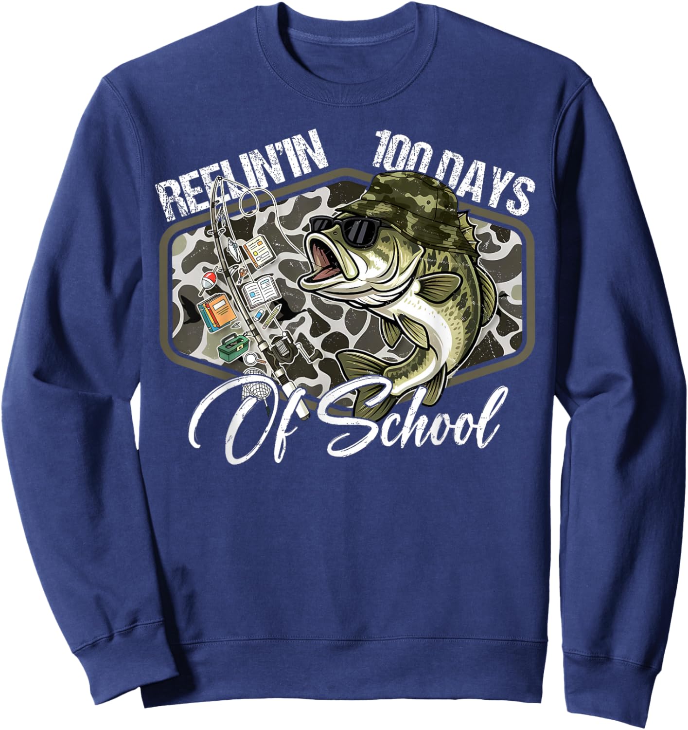 Retro Reelin’ in 100 Days of School Camo Bass Fishing Boys Sweatshirt - Sweatshirt | Navy