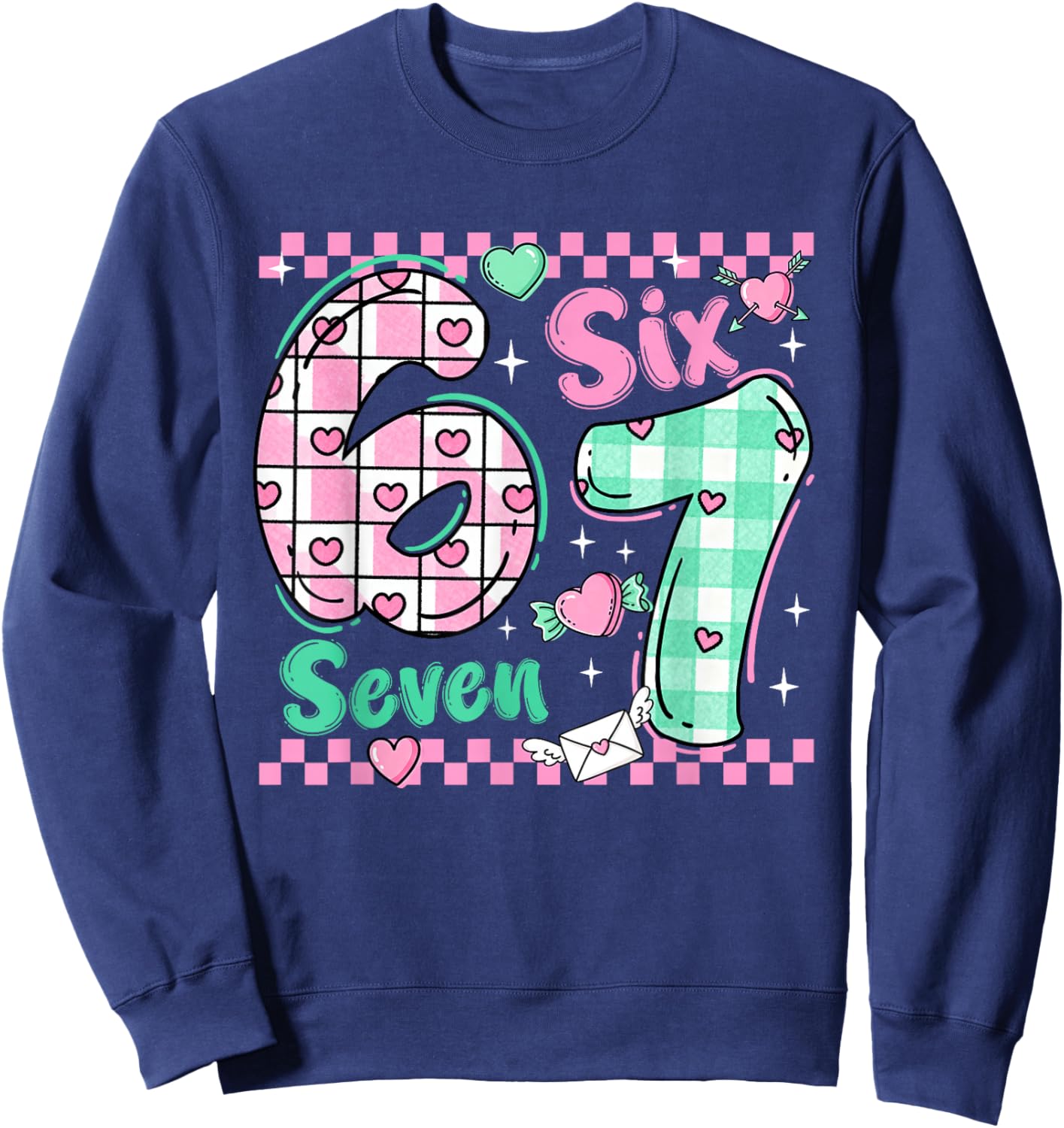 Checkered 67 Meme Six Seven Viral Number Valentines Girl Kid Sweatshirt - Sweatshirt | Navy