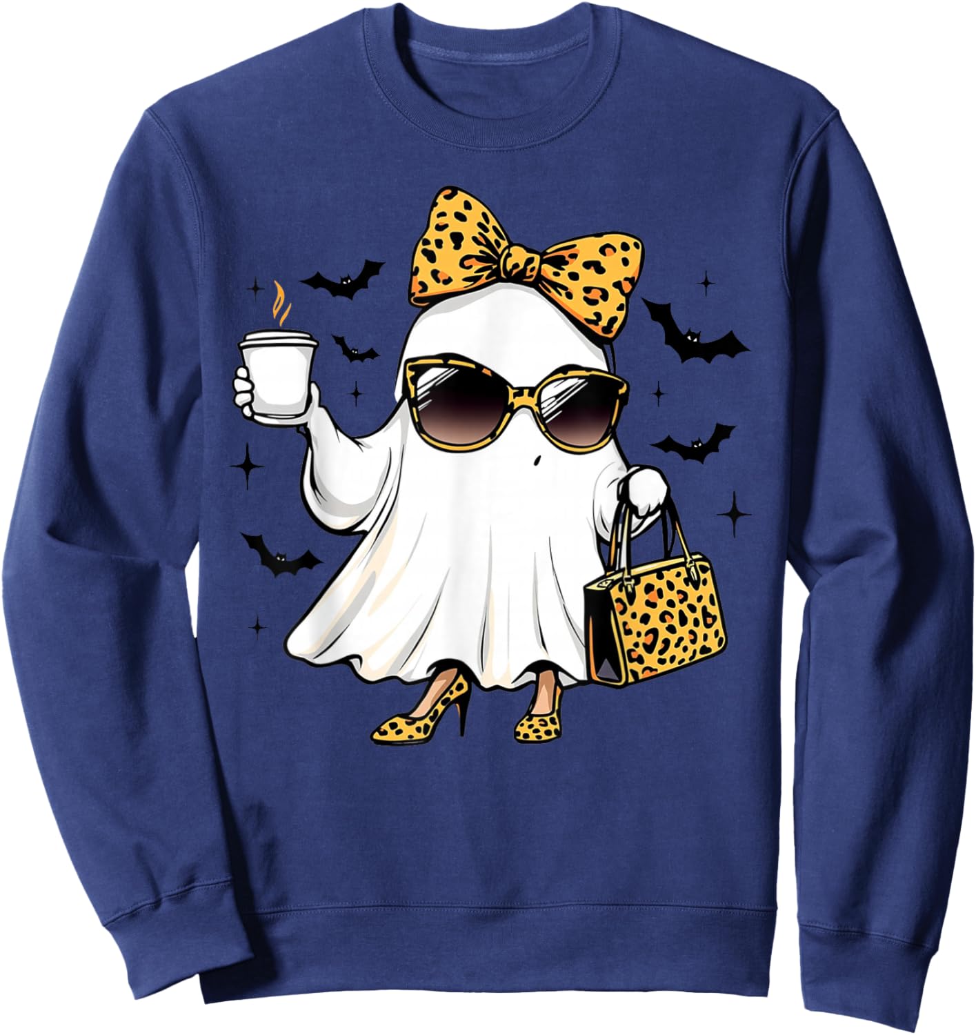 Ghost Coffee Coquette Bow Leopard Print Halloween Sweatshirt - Sweatshirt | Navy