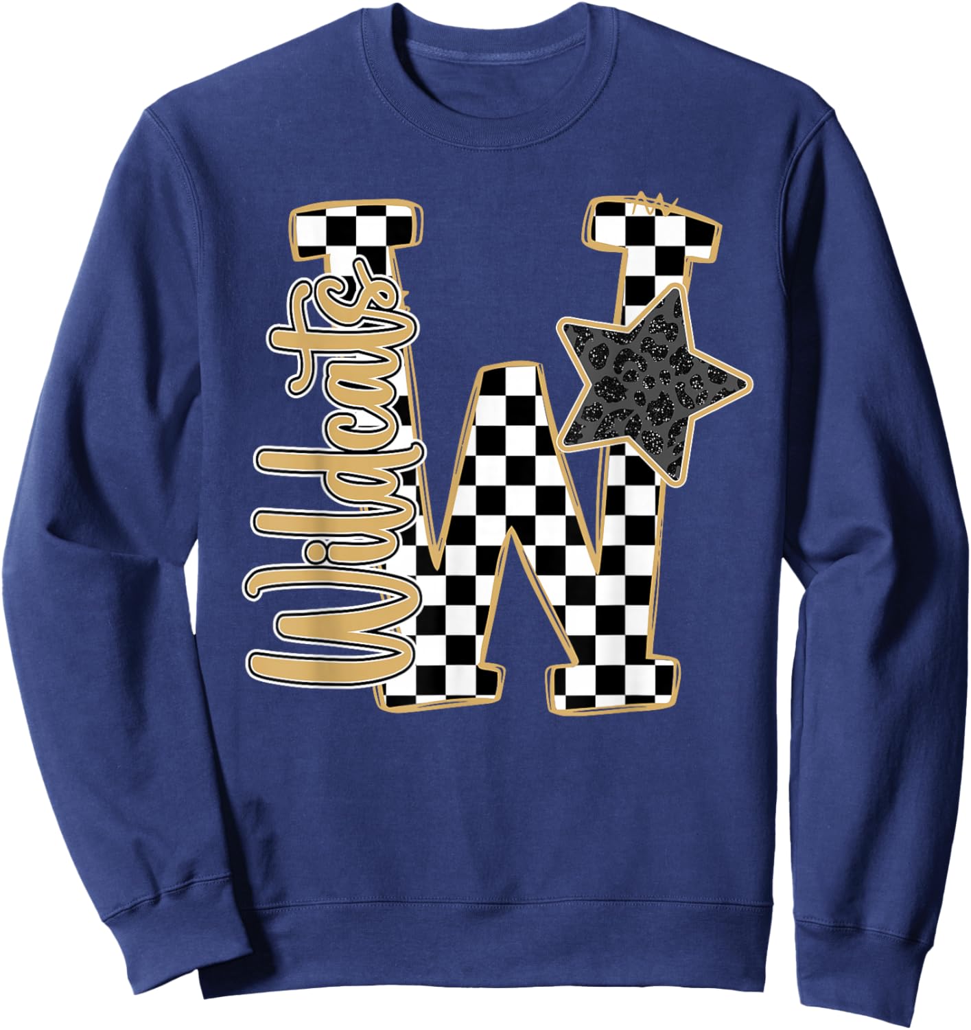 Gold Wildcats Checkered Print Star Leopard School Spirit Sweatshirt - Sweatshirt | Navy