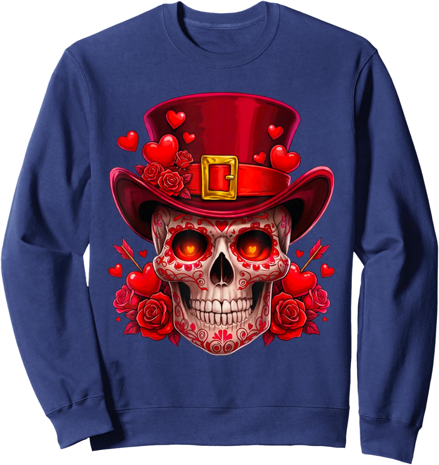 Sugar Skull Valentine Cupid Red Roses Couples Matching Skull Sweatshirt - Sweatshirt | Navy