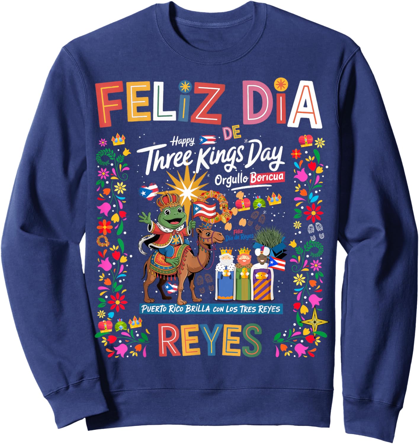 Three Kings Day Puerto Rican Women Idea & Coqui Frog Boricua Sweatshirt - Sweatshirt | Navy
