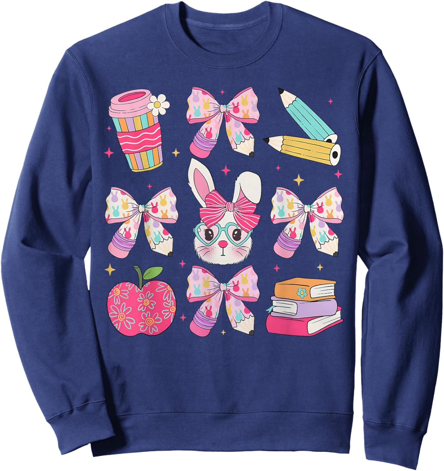 Funny Bunny Coquette Bow Rabbit Teacher Easter Retro Trendy Sweatshirt - Sweatshirt | Navy