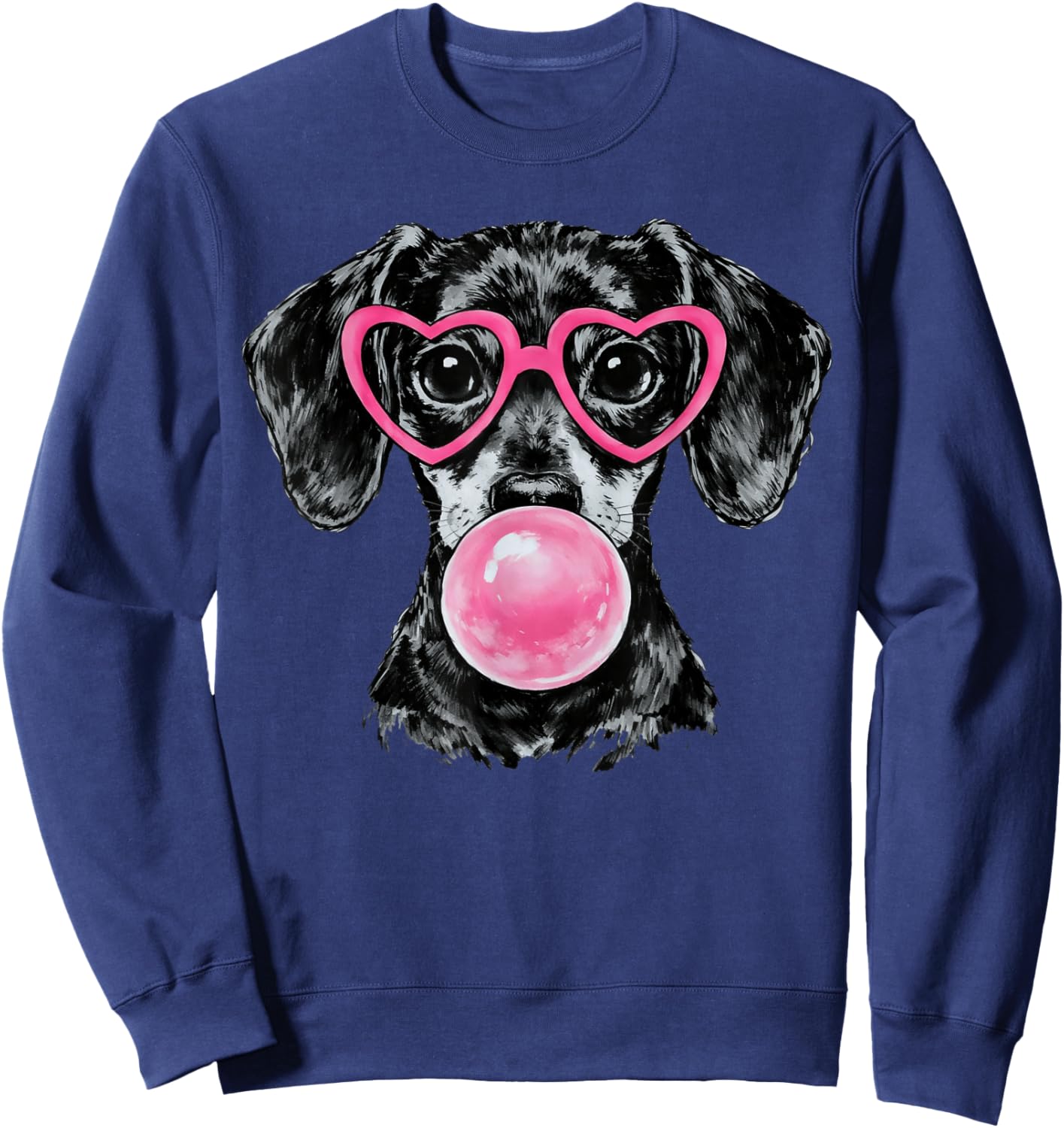 Valentines Dachshund Dog Blowing Bubble Pink Heart Glasses Sweatshirt - Sweatshirt | Navy