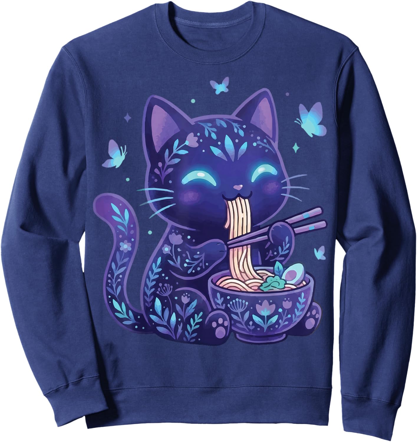 Cat Eating Ramen Dark Aesthetic Sweatshirt - Sweatshirt | Navy