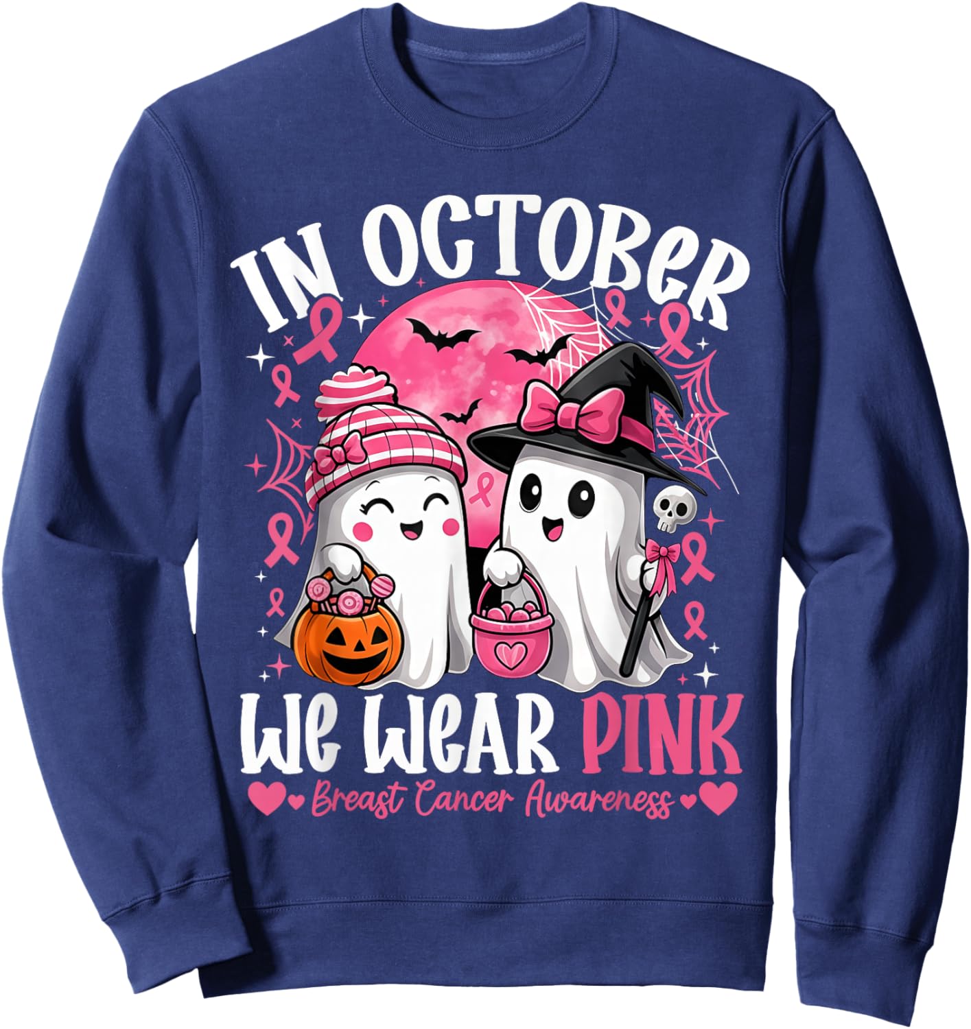 in October We Wear Pink Shirt Ghost Breast Cancer Awareness Sweatshirt - Sweatshirt | Navy