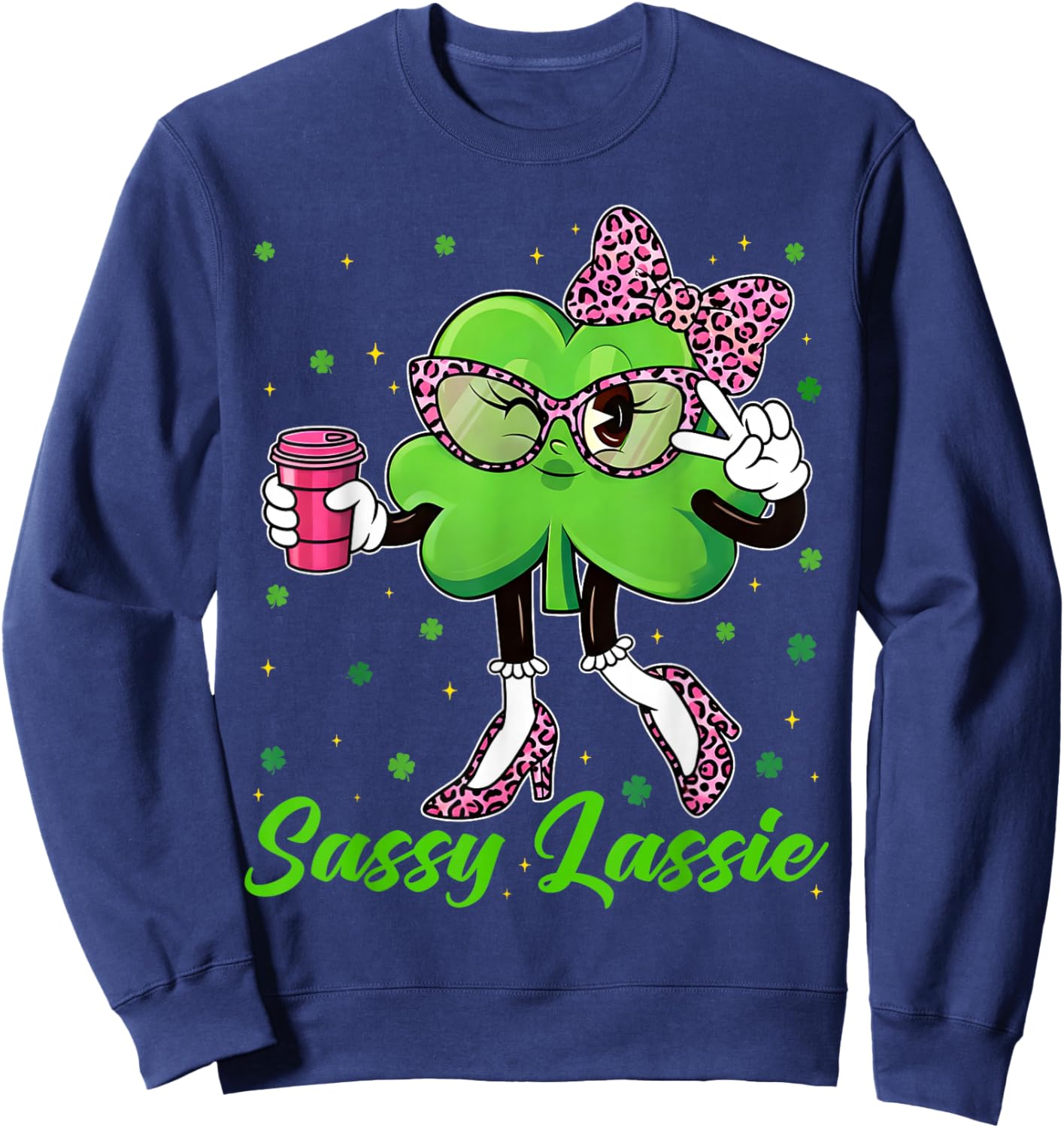 Funny Sassy Lassie Shamrock Leopard St Patricks Women Girl Sweatshirt - Sweatshirt | Navy