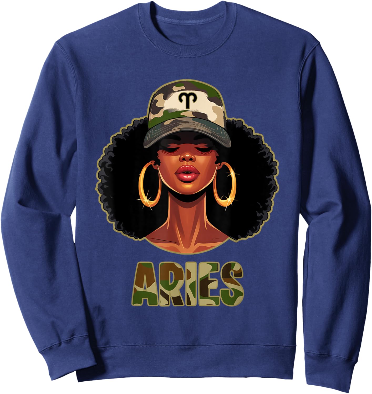 Aries Queen Black Woman with Cap Camo Afro Girl Zodiac Sweatshirt - Sweatshirt | Navy
