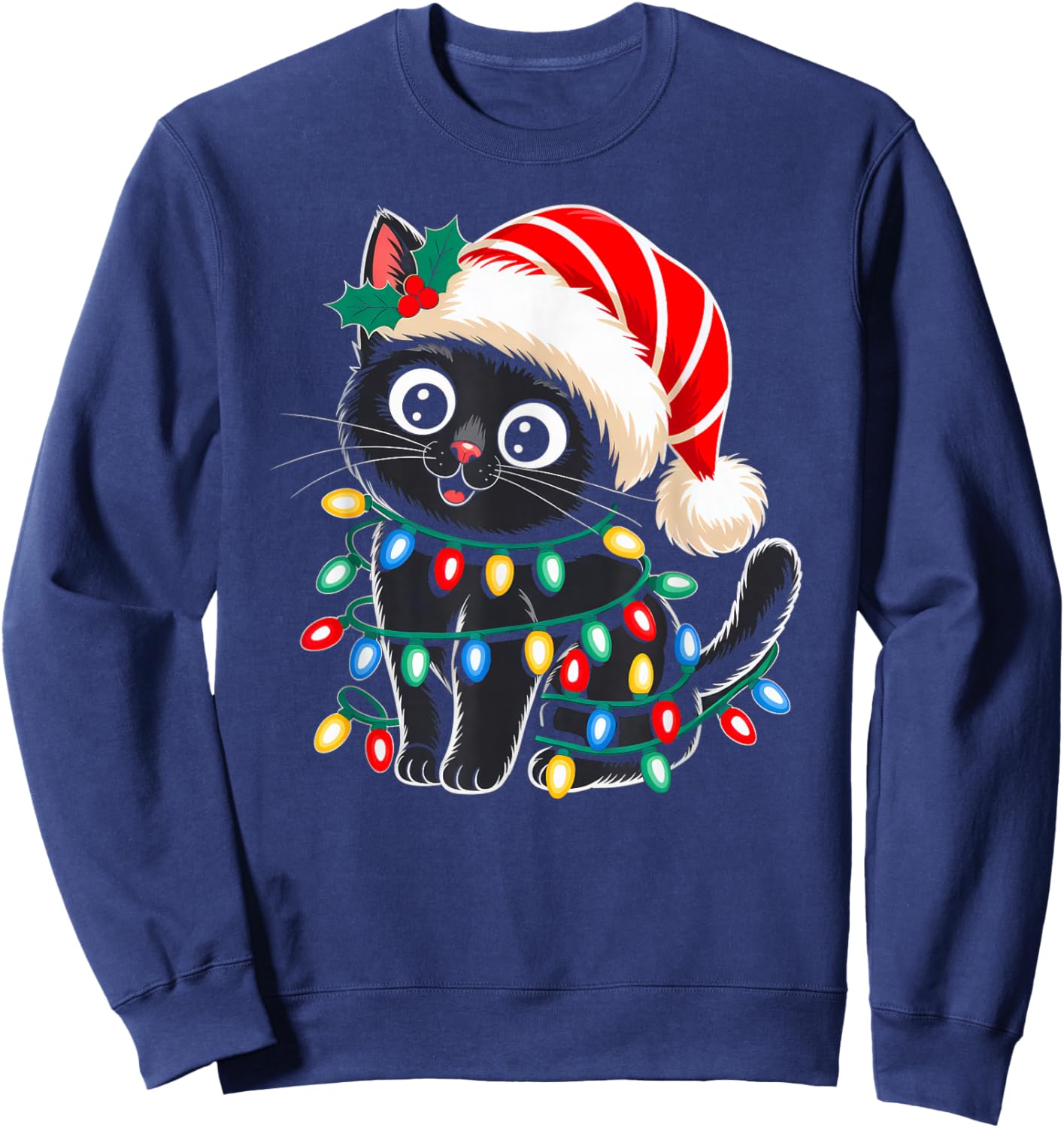 Black Cat Christmas Lights Santa Hat Xmas Pajamas Cat Lover Sweatshirt - Sweatshirt | Navy