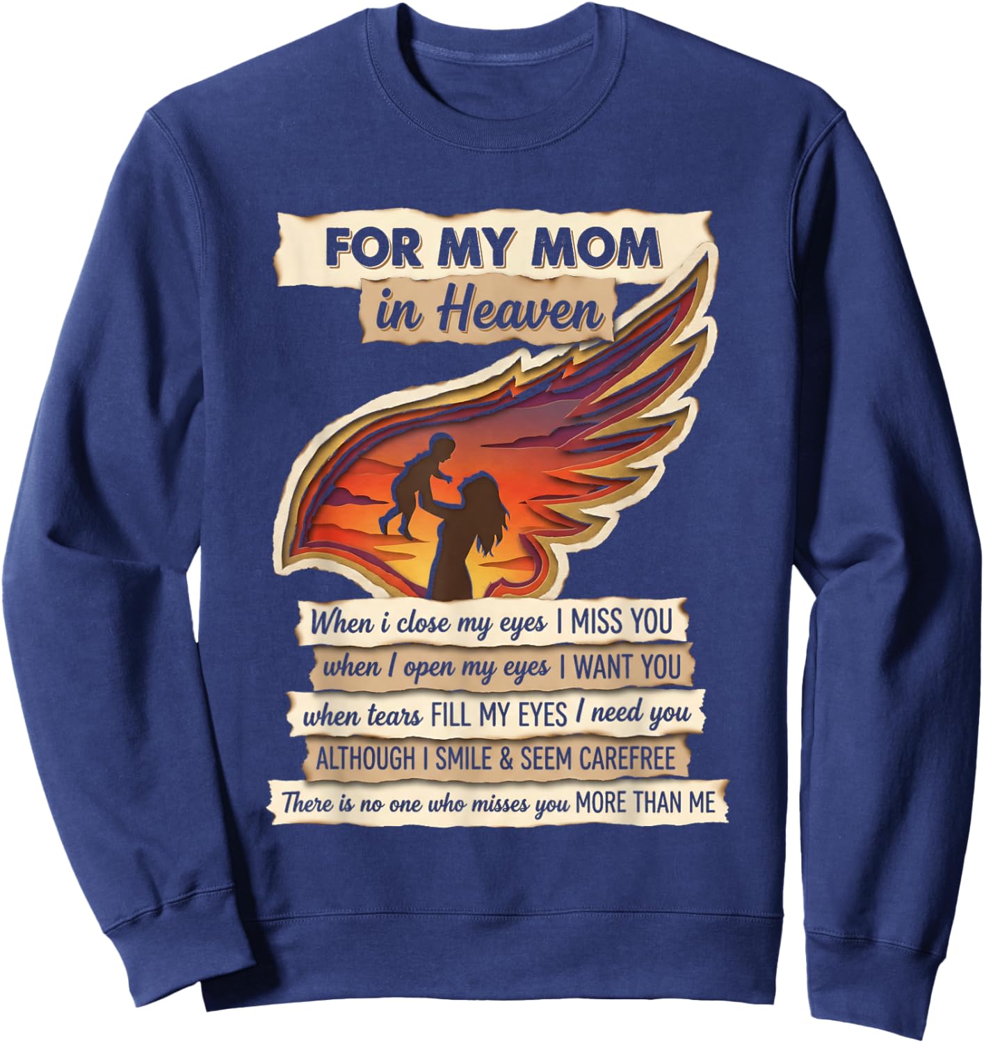 for My Mom in Heaven Missing You Remembrance Angel Wing Sweatshirt - Sweatshirt | Navy