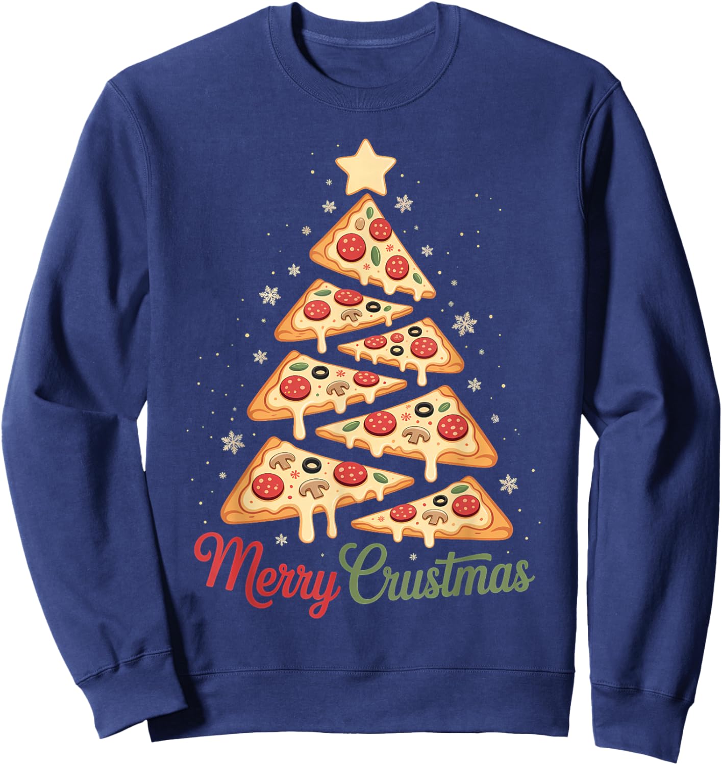 Merry Crustmas Funny Pizza Christmas Tree Sweatshirt - Sweatshirt | Navy