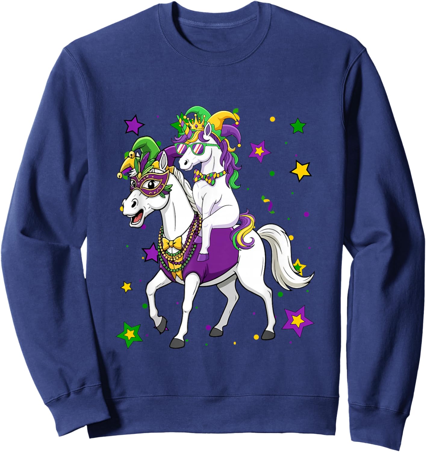 Unicorn Riding Horse Mardi Gras Beads Masked Jester Hat Sweatshirt - Sweatshirt | Navy