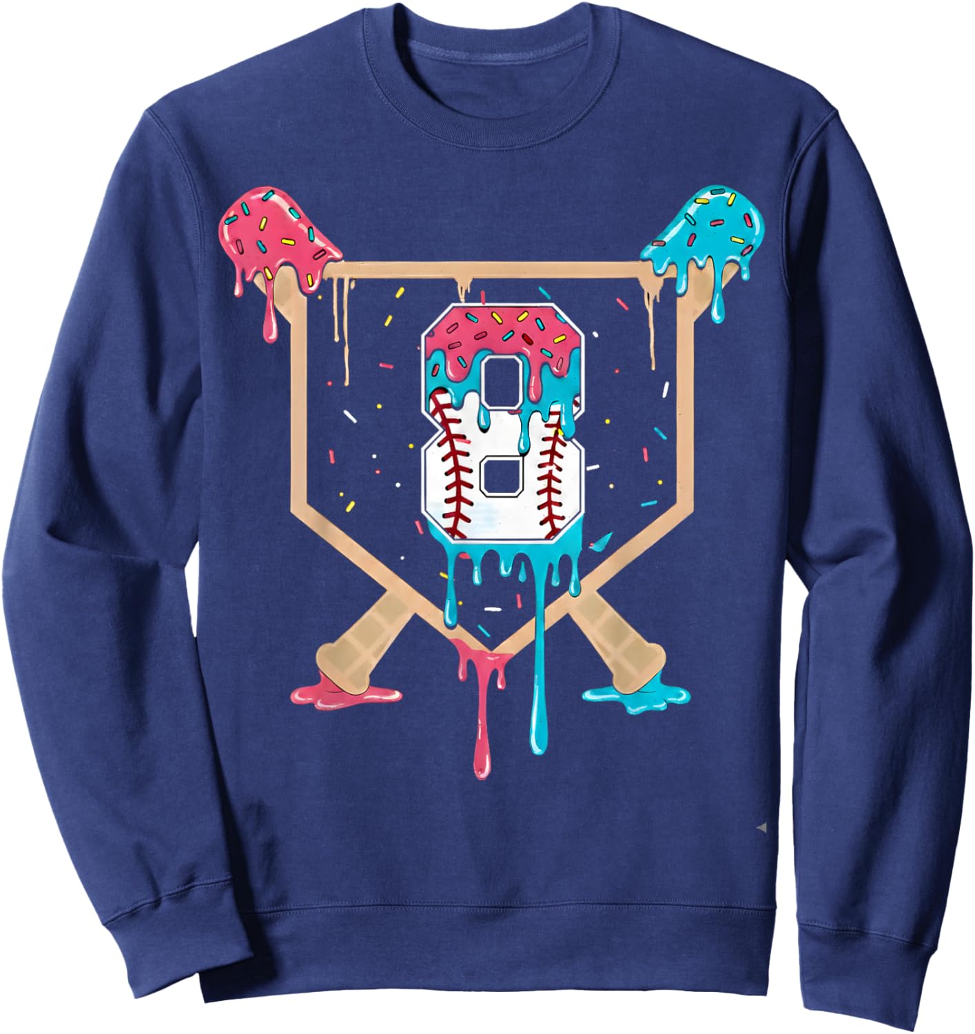 Baseball 8 Year Old Ice Cream Drip 8th Birthday Boys Player Sweatshirt - Sweatshirt | Navy