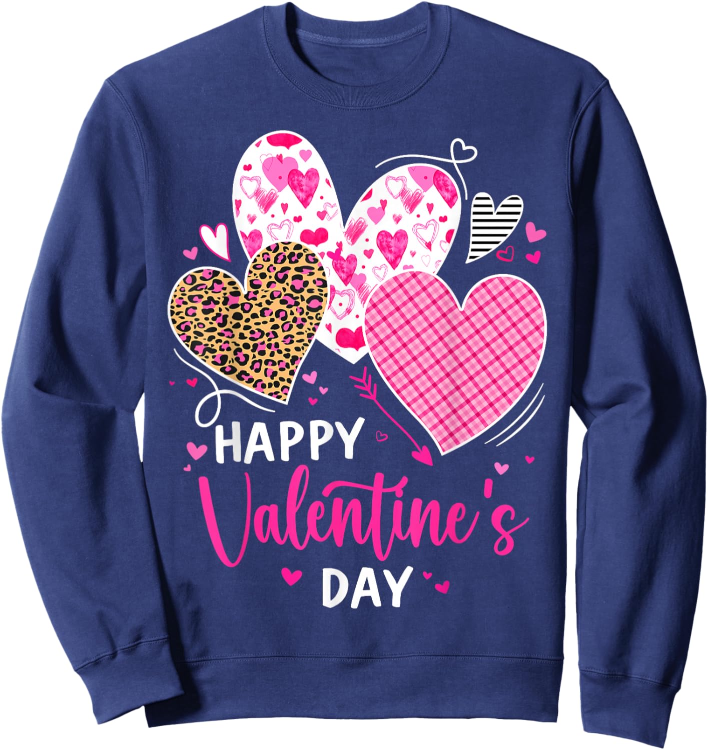 Happy Valentine's Day Leopard and Plaid Hearts Girls Women Sweatshirt - Sweatshirt | Navy