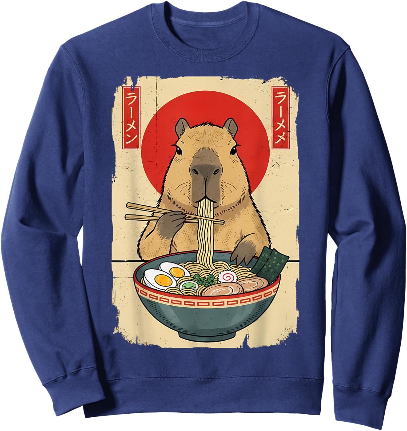 Capybara Eating Ramen Noodles Funny Vintage Japanese Anime Sweatshirt - Sweatshirt | Navy