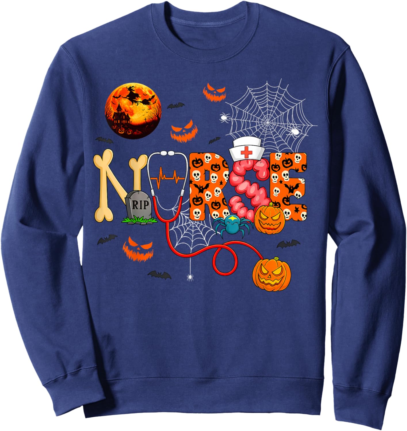 Nurse Funny Stethoscope Nurse Pumpkin Skull Lover Halloween Sweatshirt - Sweatshirt | Navy
