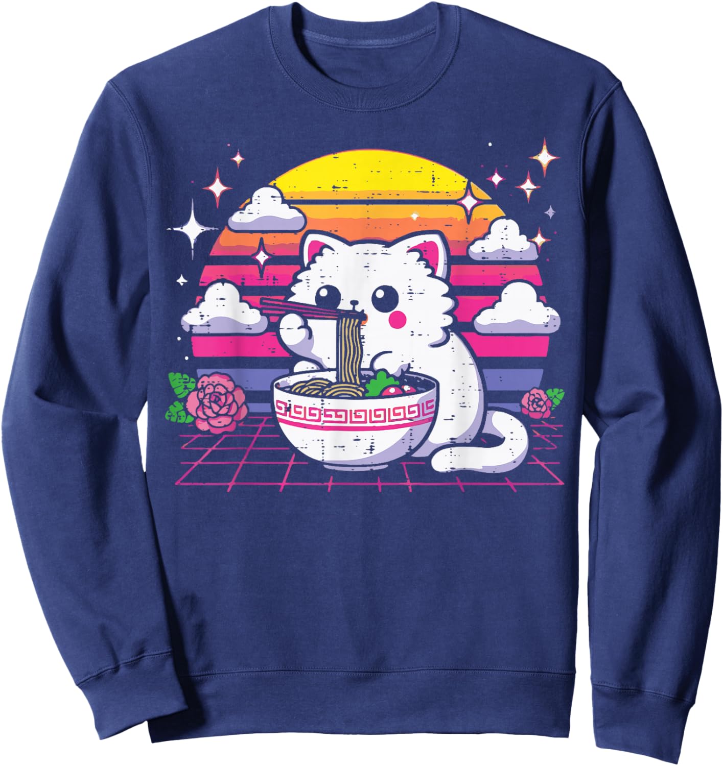 Japanese Cat Eating Ramen Vaporwave Ukiyo-e Women Girls Kids Sweatshirt - Sweatshirt | Navy