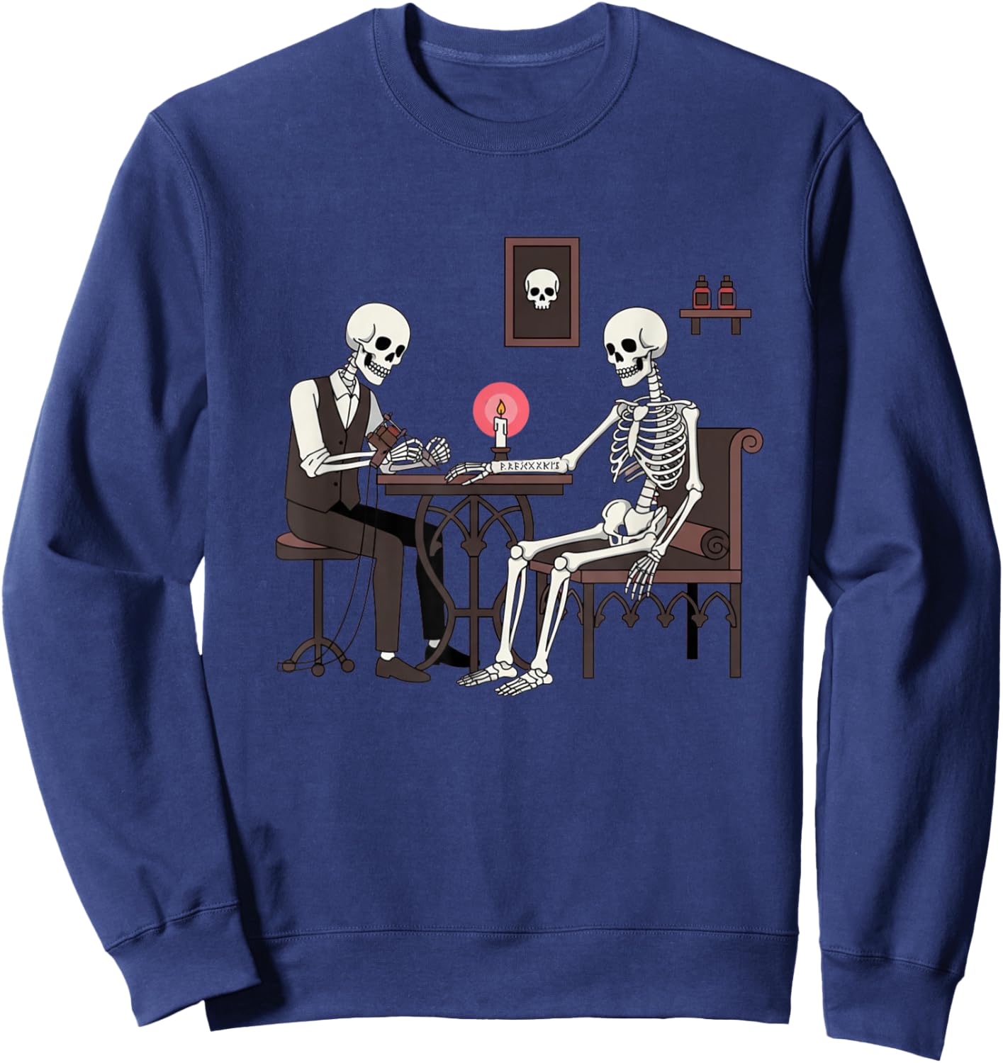 Skeleton Tattoo Artist Giving Ink to Another Skeleton Funny Sweatshirt - Sweatshirt | Navy