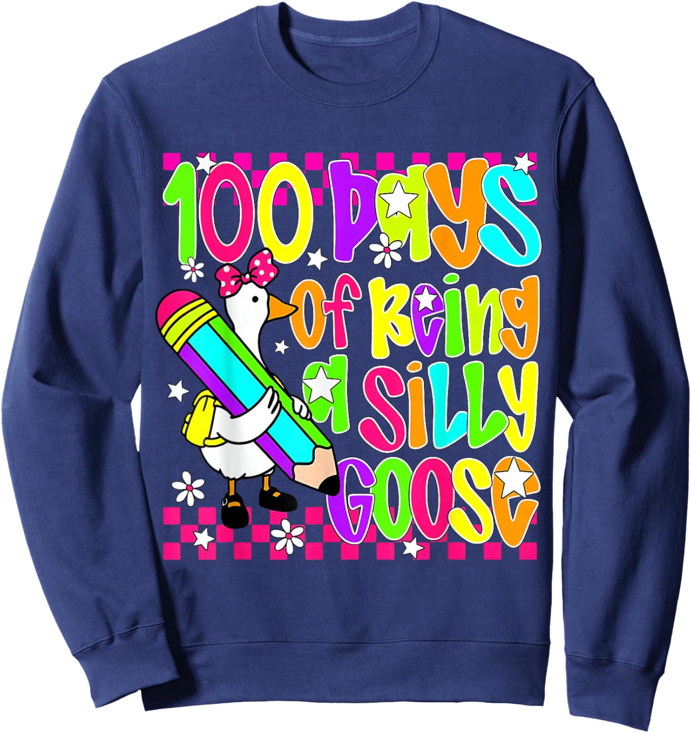 Floral Checkered 100 Days of Being A Silly School Goose Sweatshirt - Sweatshirt | Navy