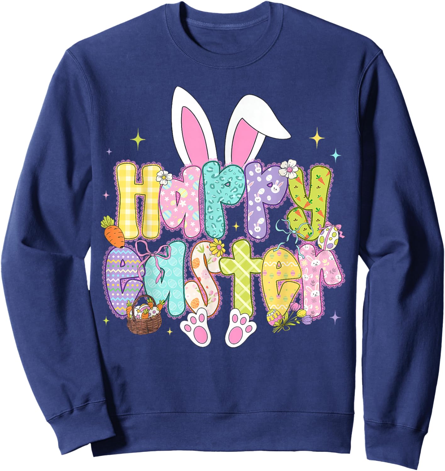 Preppy Brushstroke Happy Easter Coquette Bunny Easter Bow Sweatshirt - Sweatshirt | Navy