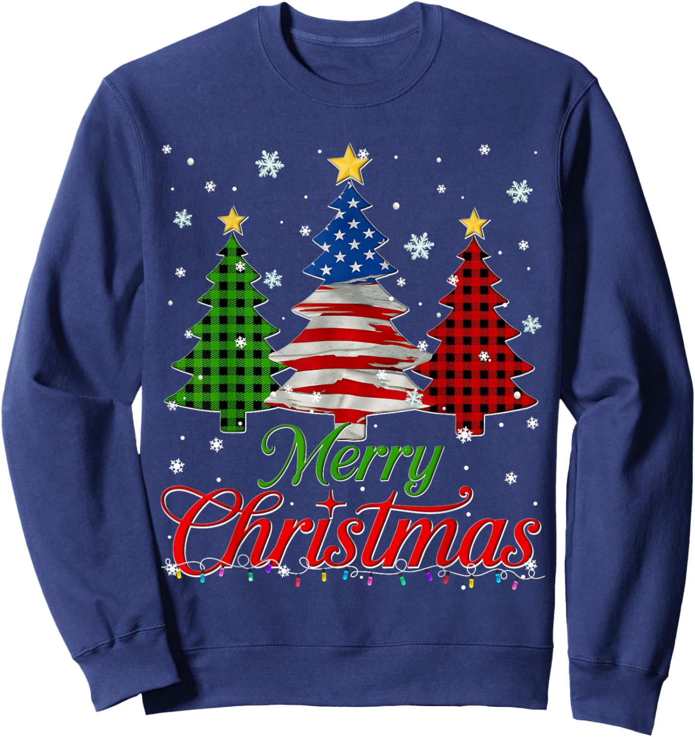 Merry Christmas Tree Plaid US Flag Snowflake Xmas Men Sweatshirt - Sweatshirt | Navy