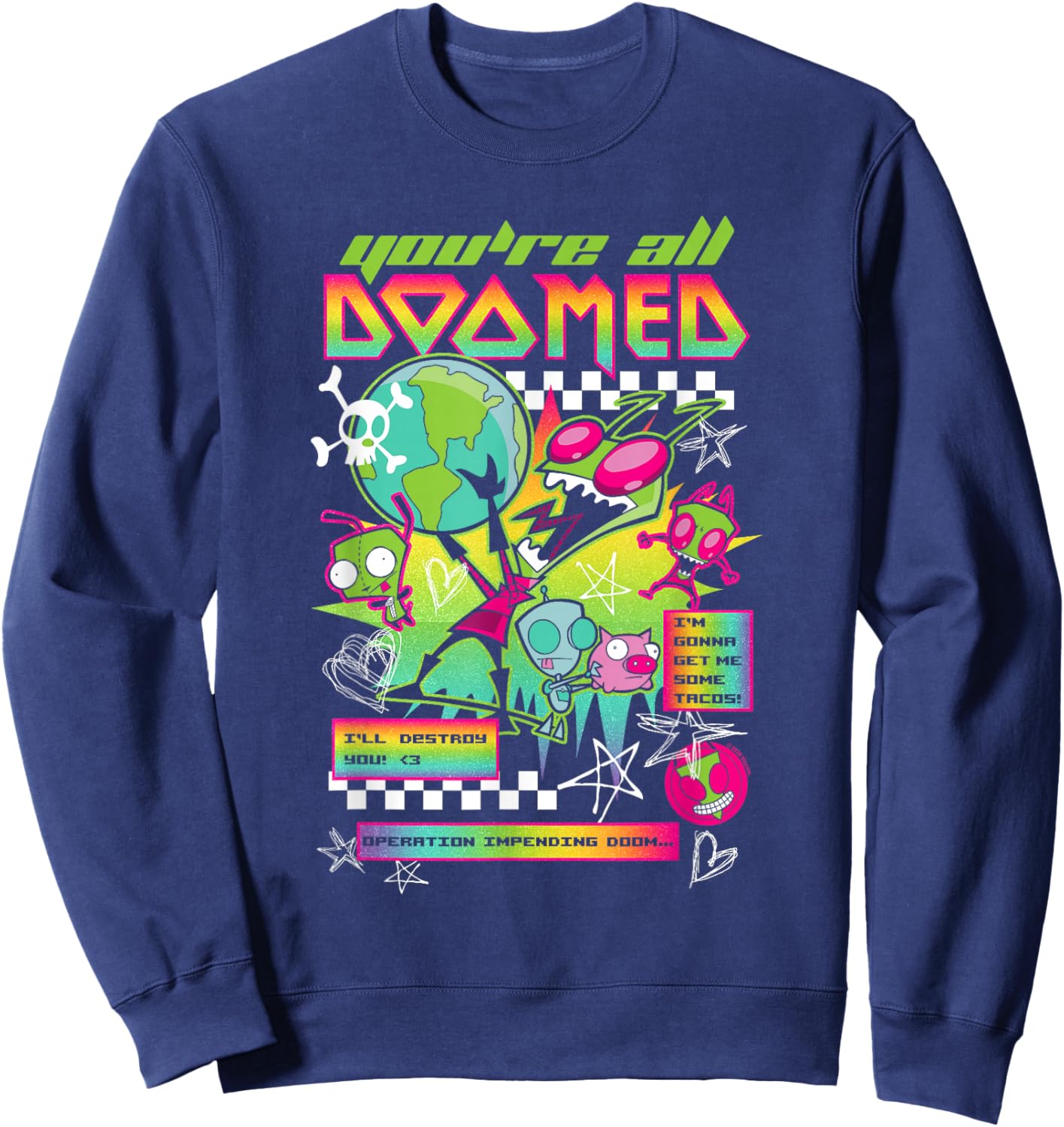 Invader Zim You're All Doomed Y2K Color Overload Cartoon Sweatshirt - Sweatshirt | Navy