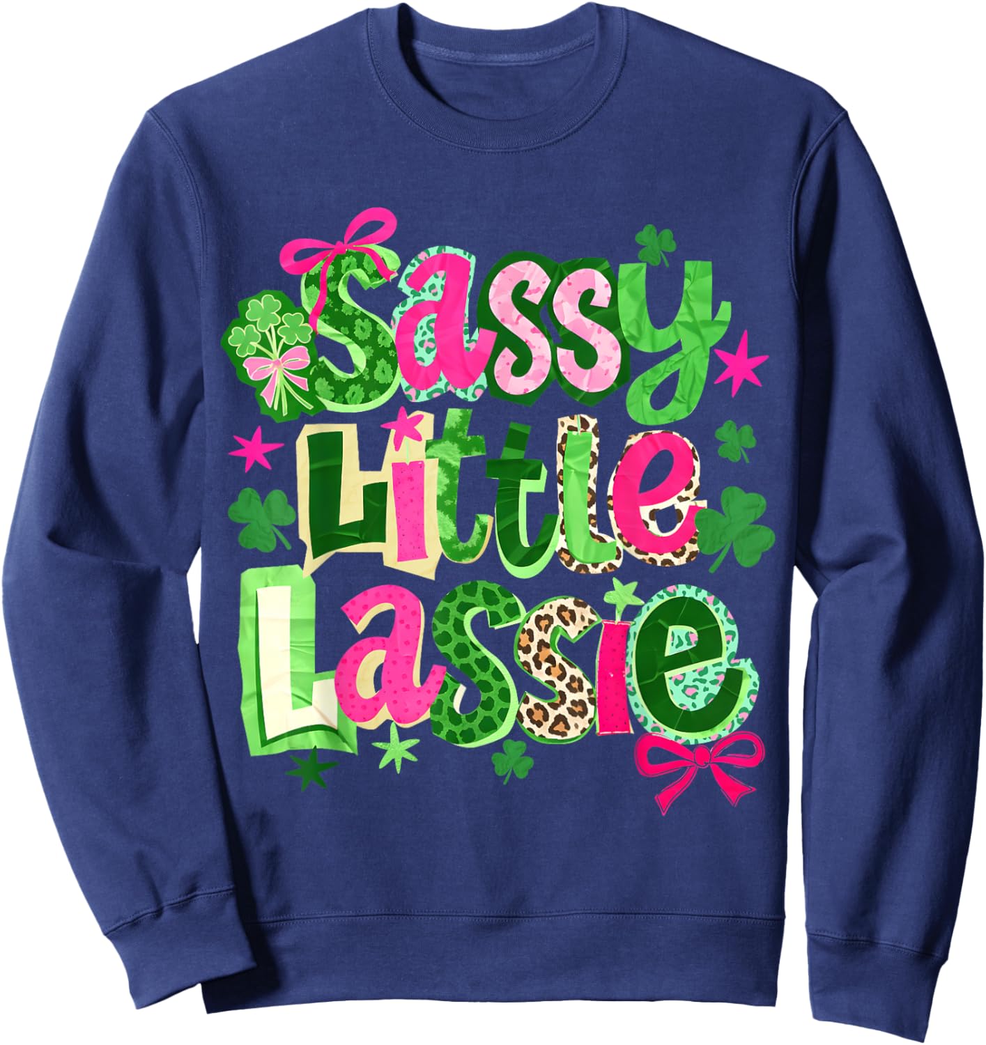 St Patricks Day Sassy Little Lassie Kids Girls Bow Shamrock Sweatshirt - Sweatshirt | Navy