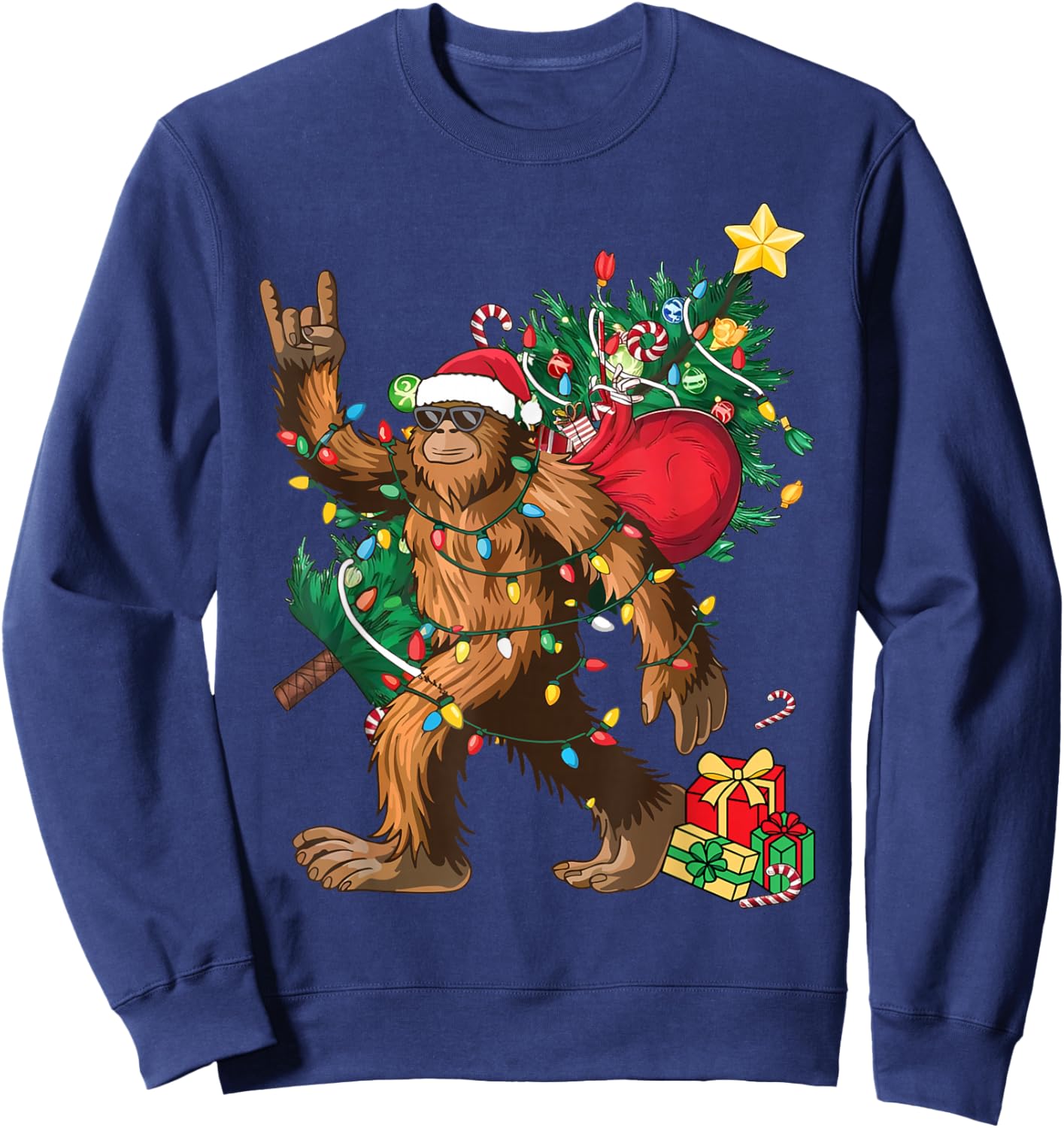 Bigfoot Christmas Tree Lights Xmas Boys Men Sasquatch Lovers Sweatshirt - Sweatshirt | Navy