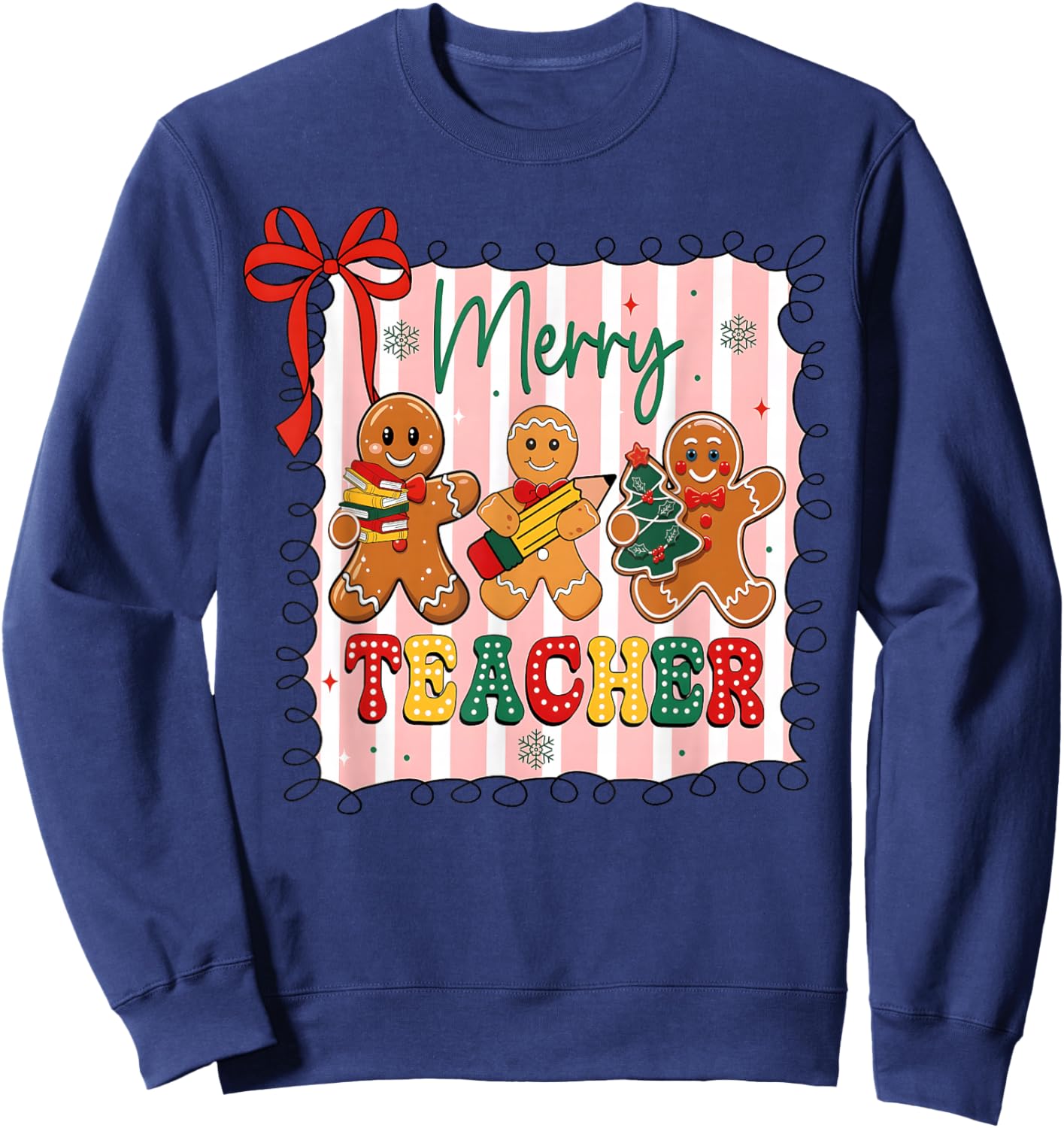 Christmas Preppy Gingerbread Coquette Bow Merry Teacher Sweatshirt - Sweatshirt | Navy
