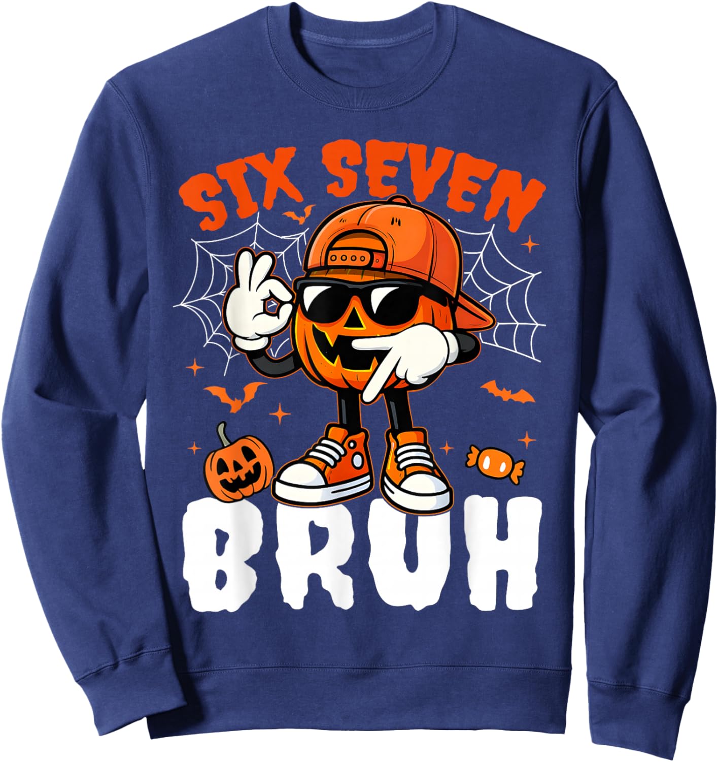 Funny Six Seven Meme Brainrot Pumpkin Kids Bruh 67 Halloween Sweatshirt - Sweatshirt | Navy