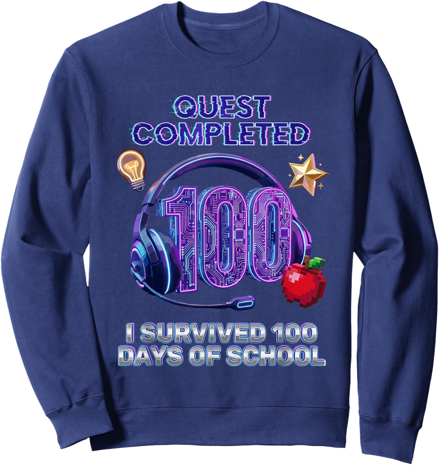 100th Days of School Cool Gaming Quest Completed Gamer Aura Sweatshirt - Sweatshirt | Navy