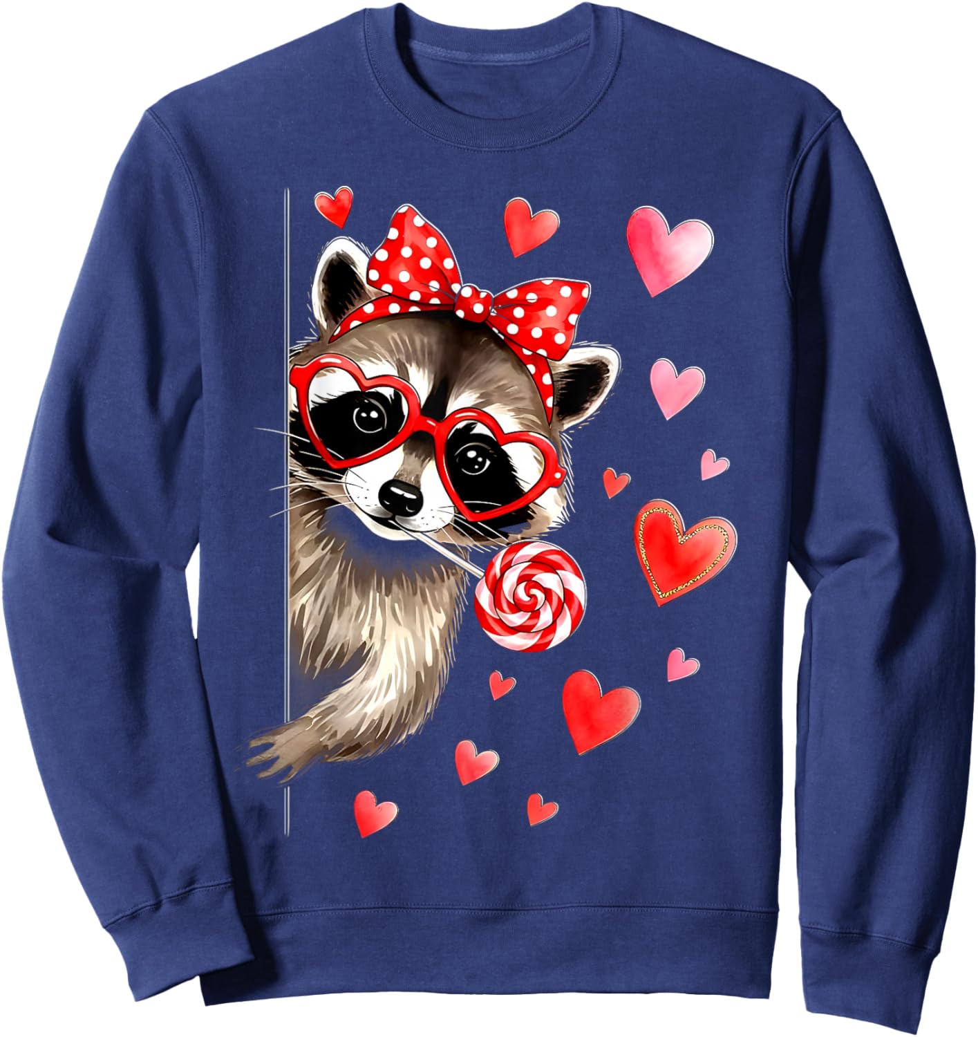 Cute Lollipop Raccoon Valentines Red Hearts Men Women Kid Sweatshirt - Sweatshirt | Navy