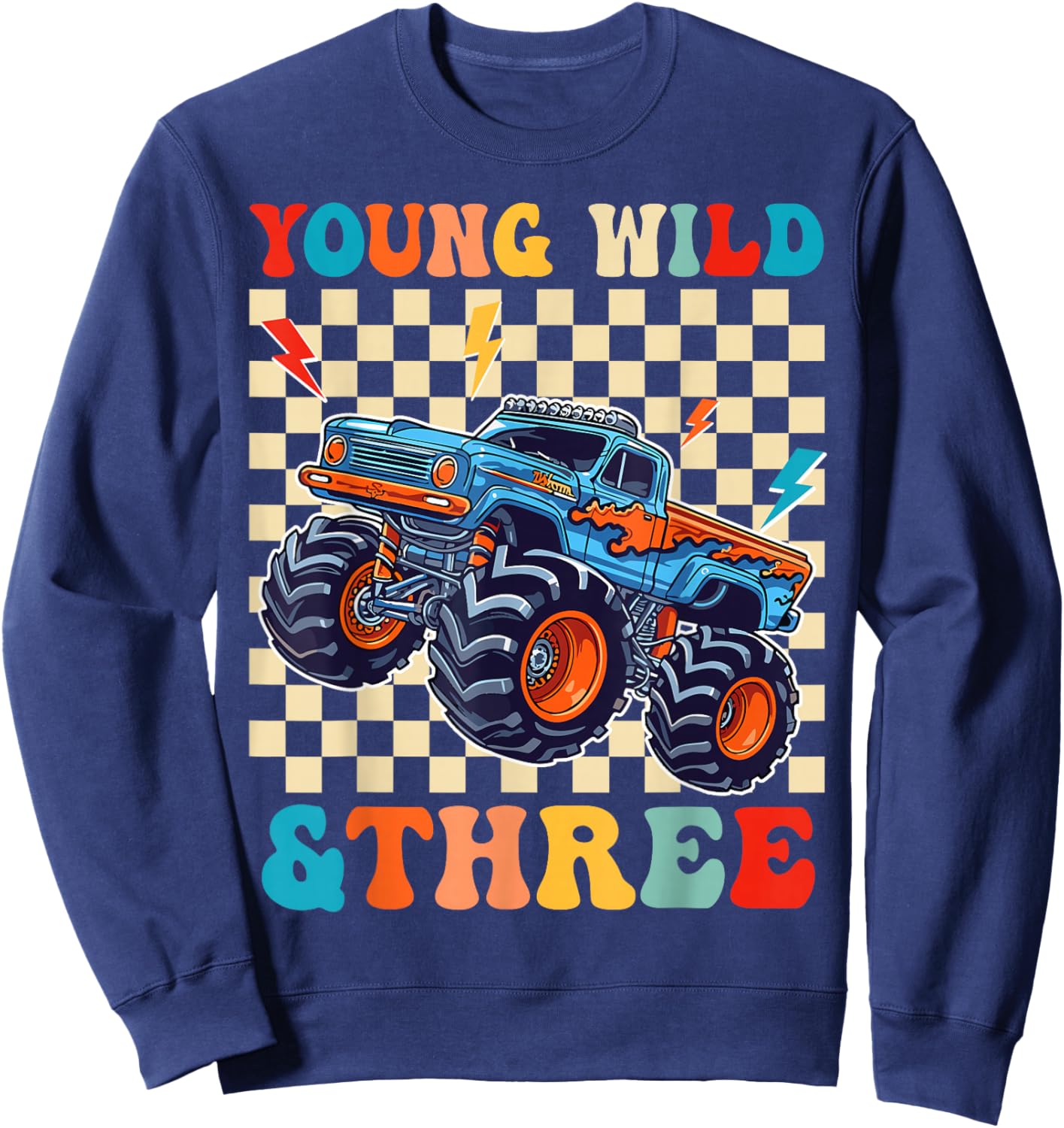Kids 3rd Birthday Monster Truck Young Wild and Three Sweatshirt - Sweatshirt | Navy
