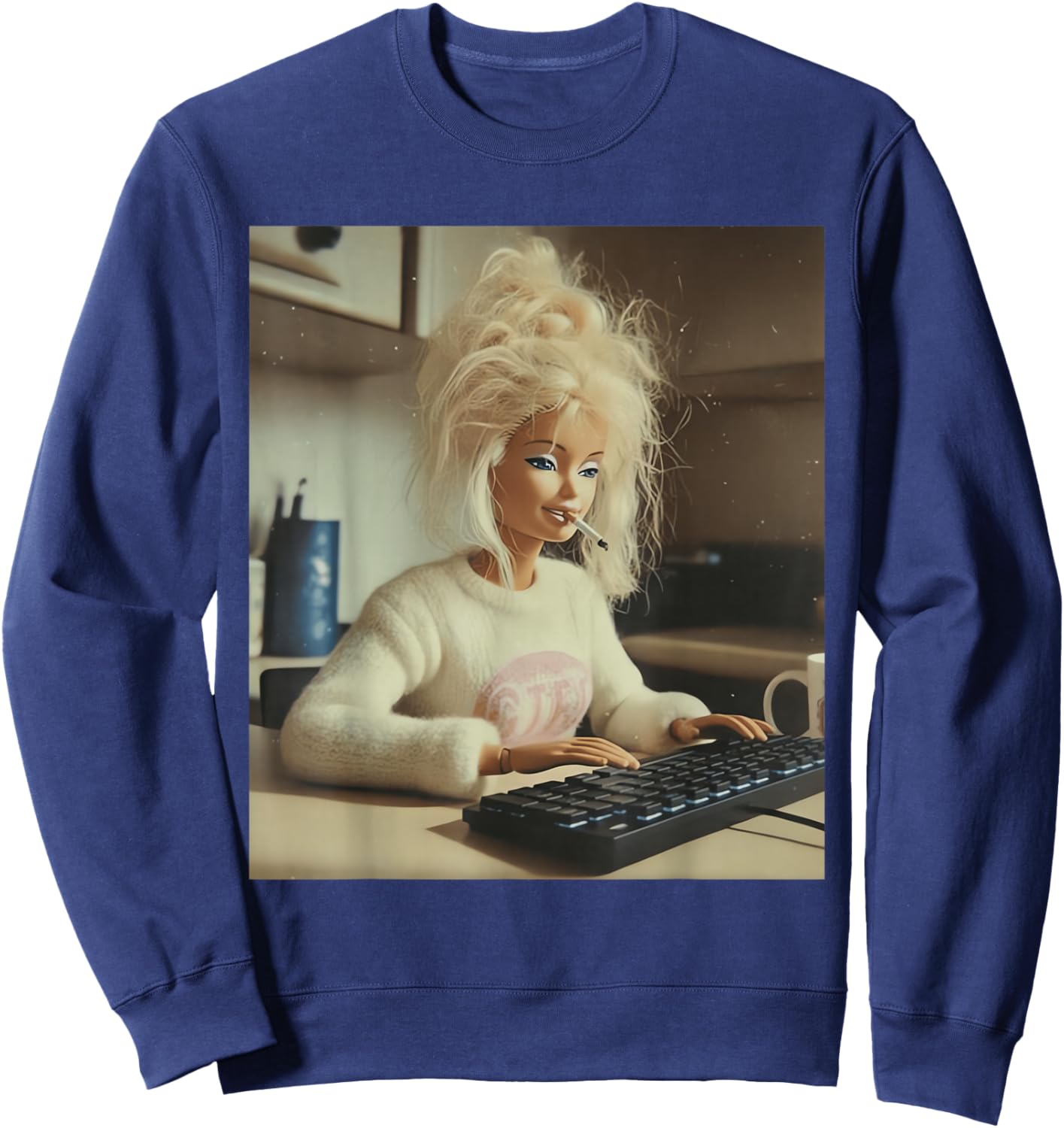 Funny Doll Face Working and Smoking Distressed Meme Sweatshirt - Sweatshirt | Navy
