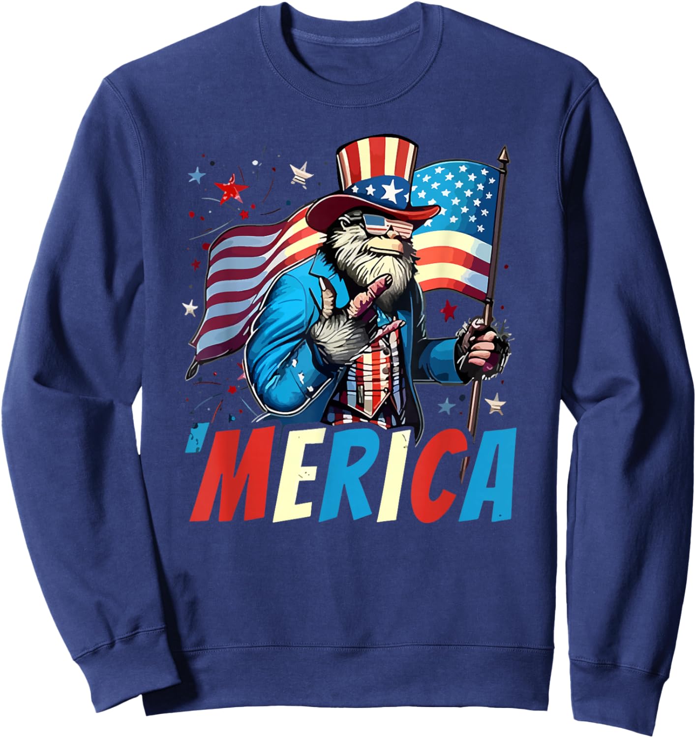 Bigfoot Merica Rock American Flag Sasquatch 4th of July Sweatshirt - Sweatshirt | Navy