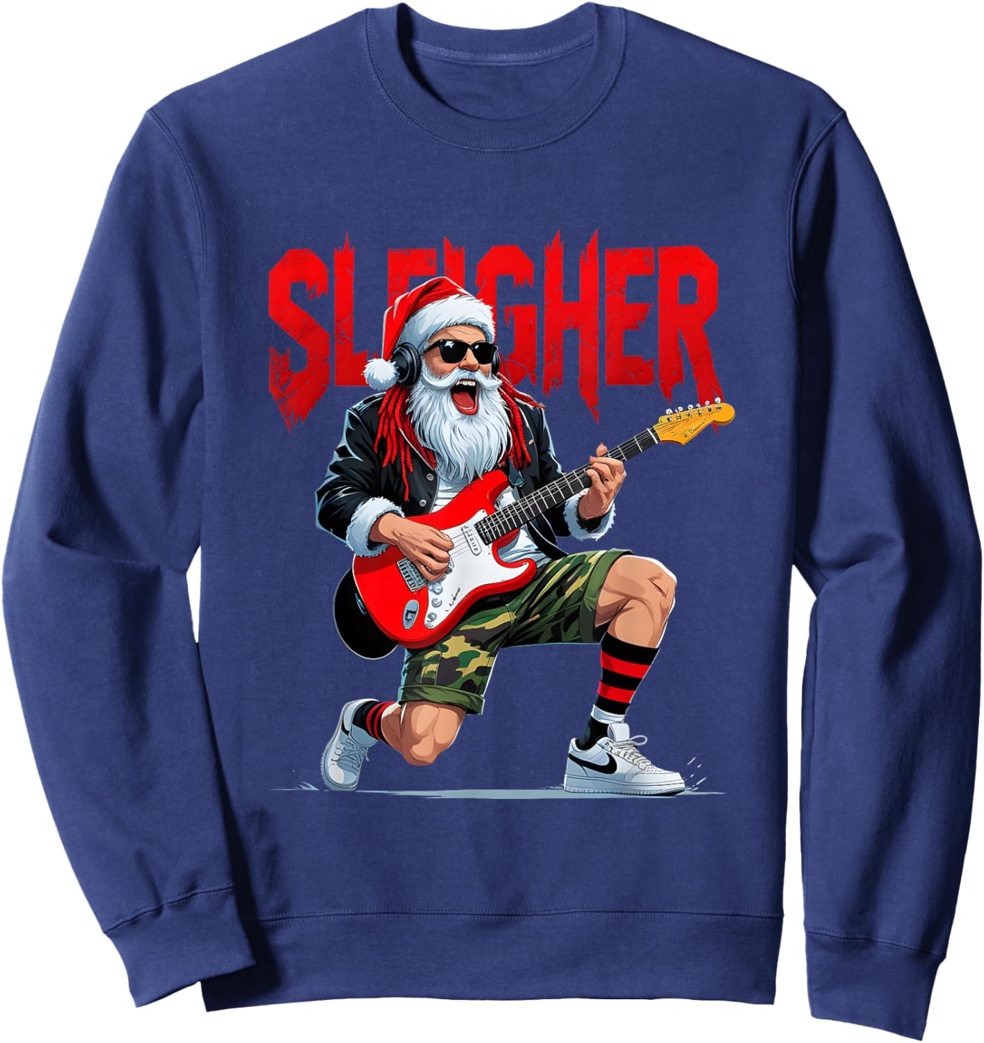 Santa Sleigher Heavy Metal Rock Christmas Guitar Funny Xmas Sweatshirt - Sweatshirt | Navy
