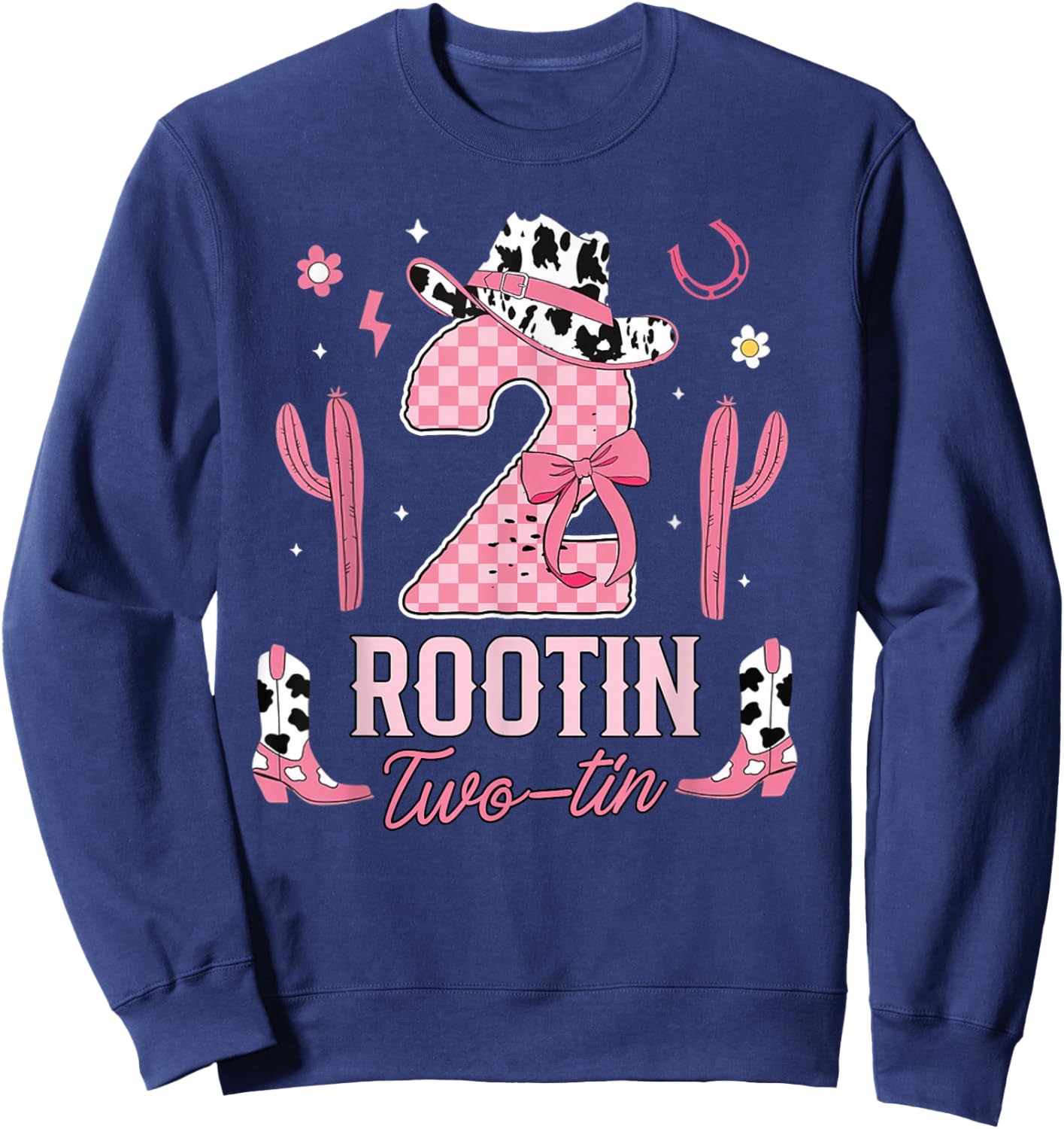Rootin Two-tin Cowgirl Coquette Pink Bow 2nd Birthday Girl Sweatshirt - Sweatshirt | Navy