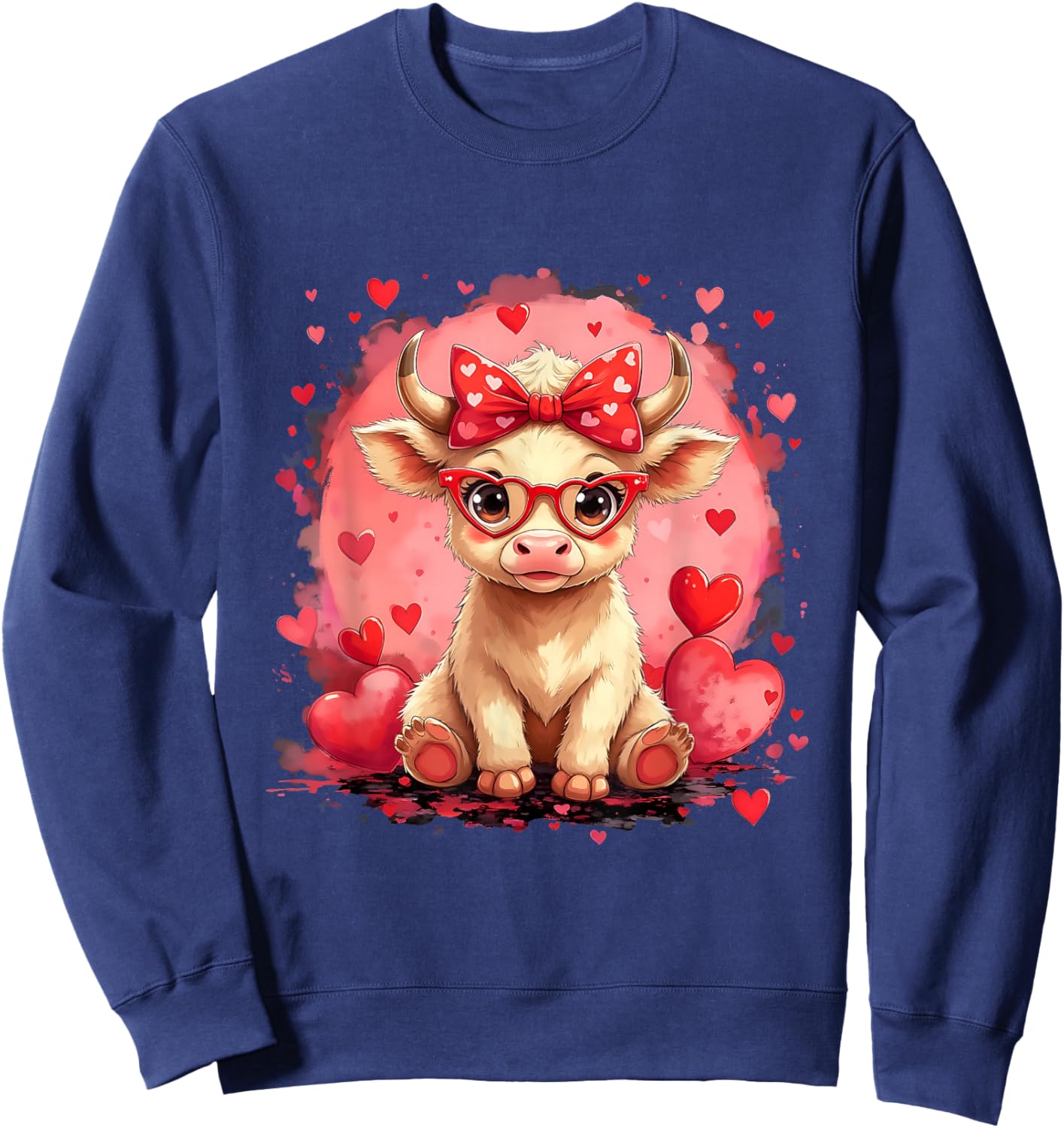 Funny Girl Cute Valentine Highland Cow Heart Glasses Love Sweatshirt - Sweatshirt | Navy