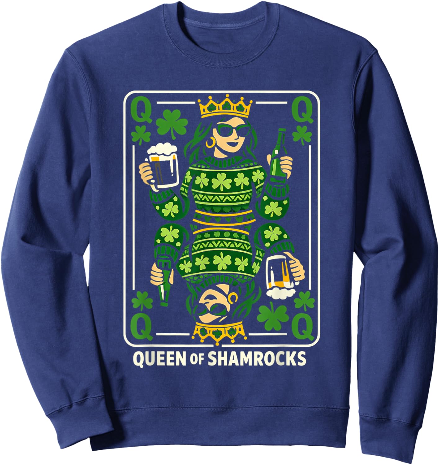 Queen of Shamrocks Shirt St Patrick’s Day Queen Playing Card Sweatshirt - Sweatshirt | Navy