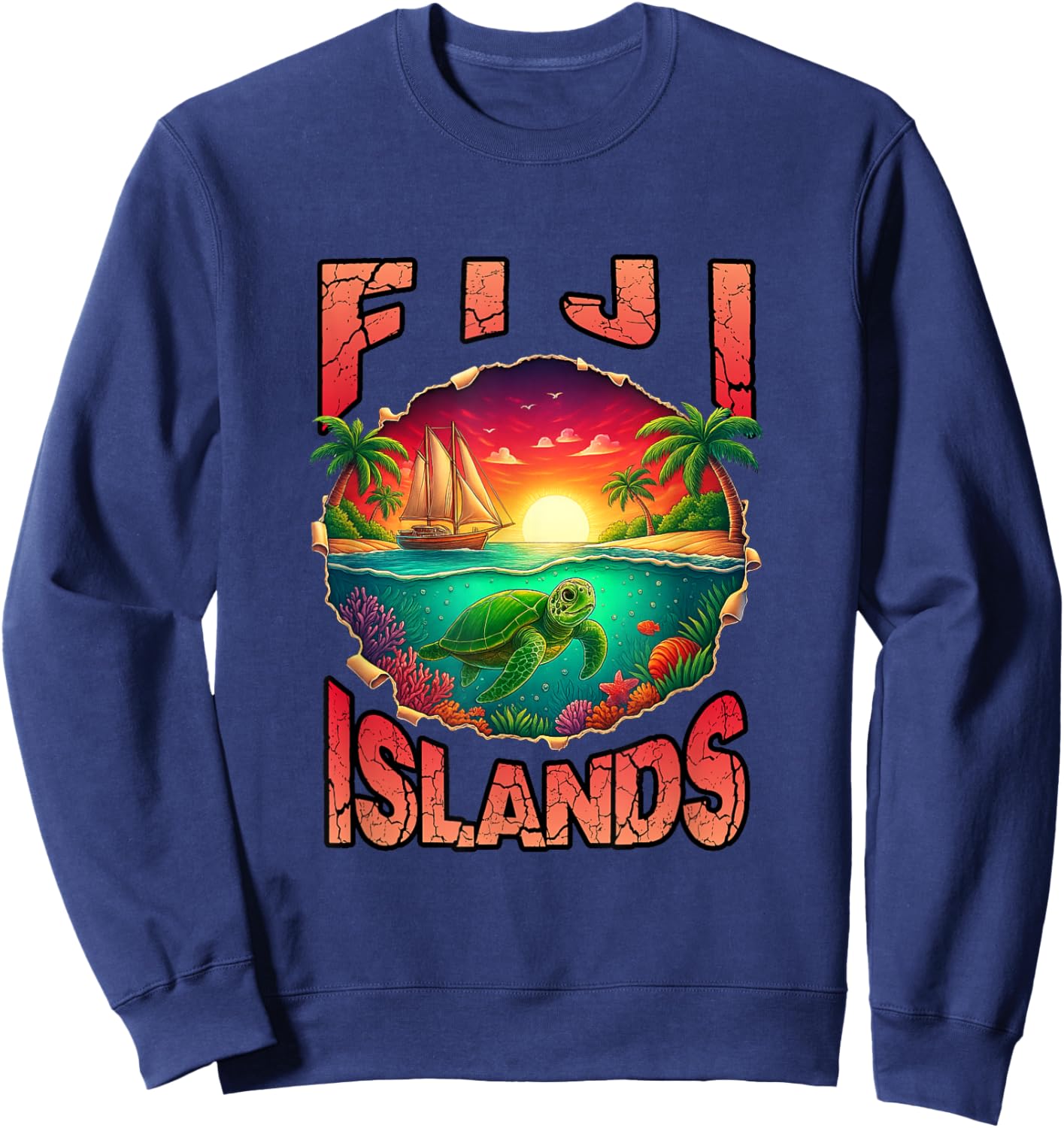 Fiji Islands Tropical Beach Sea Turtle Retro Vacation Sweatshirt - Sweatshirt | Navy