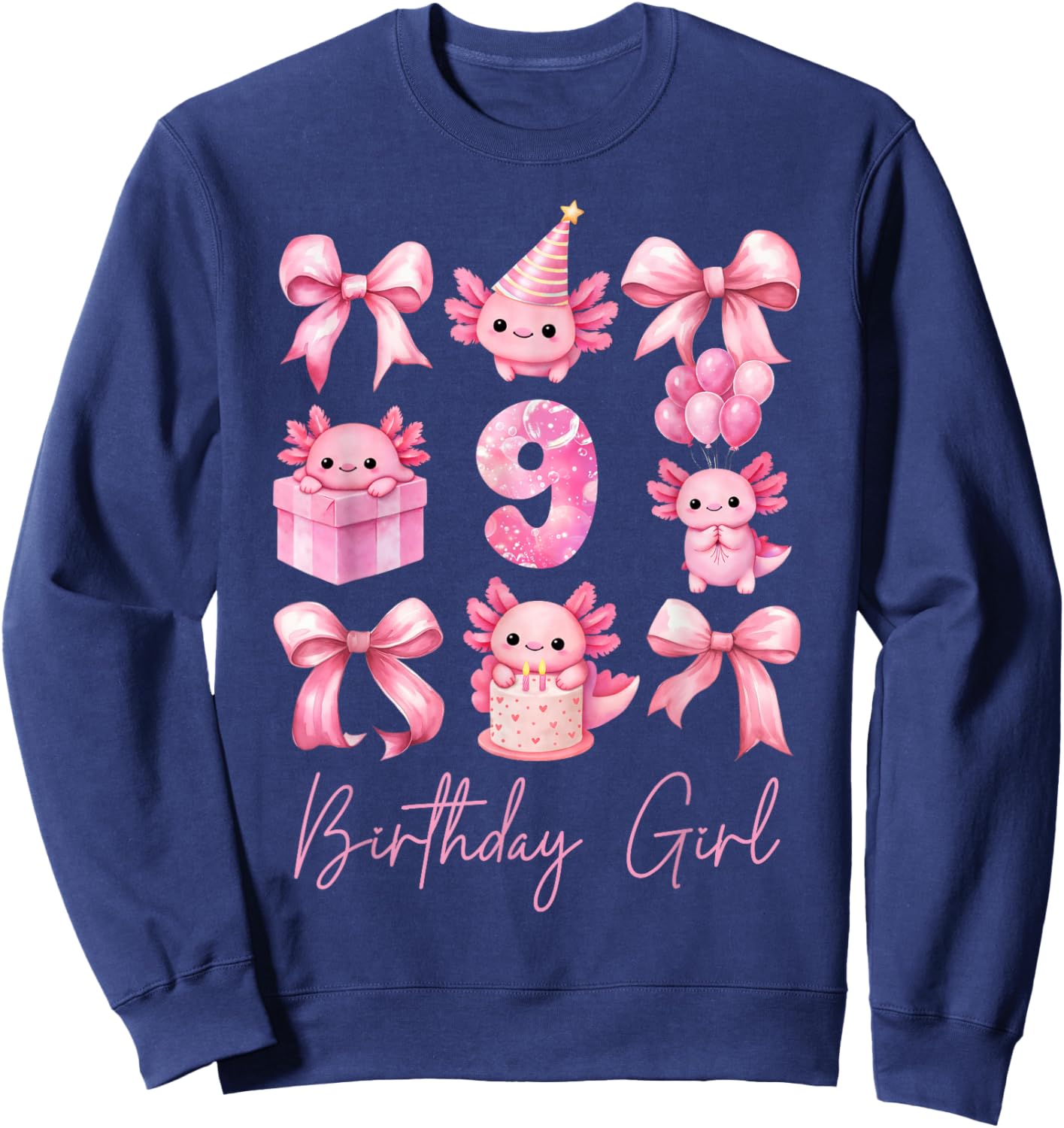 Cute Axolotl 9th Birthday Girl Pink Coquette Bow 9 Year Old Sweatshirt - Sweatshirt | Navy