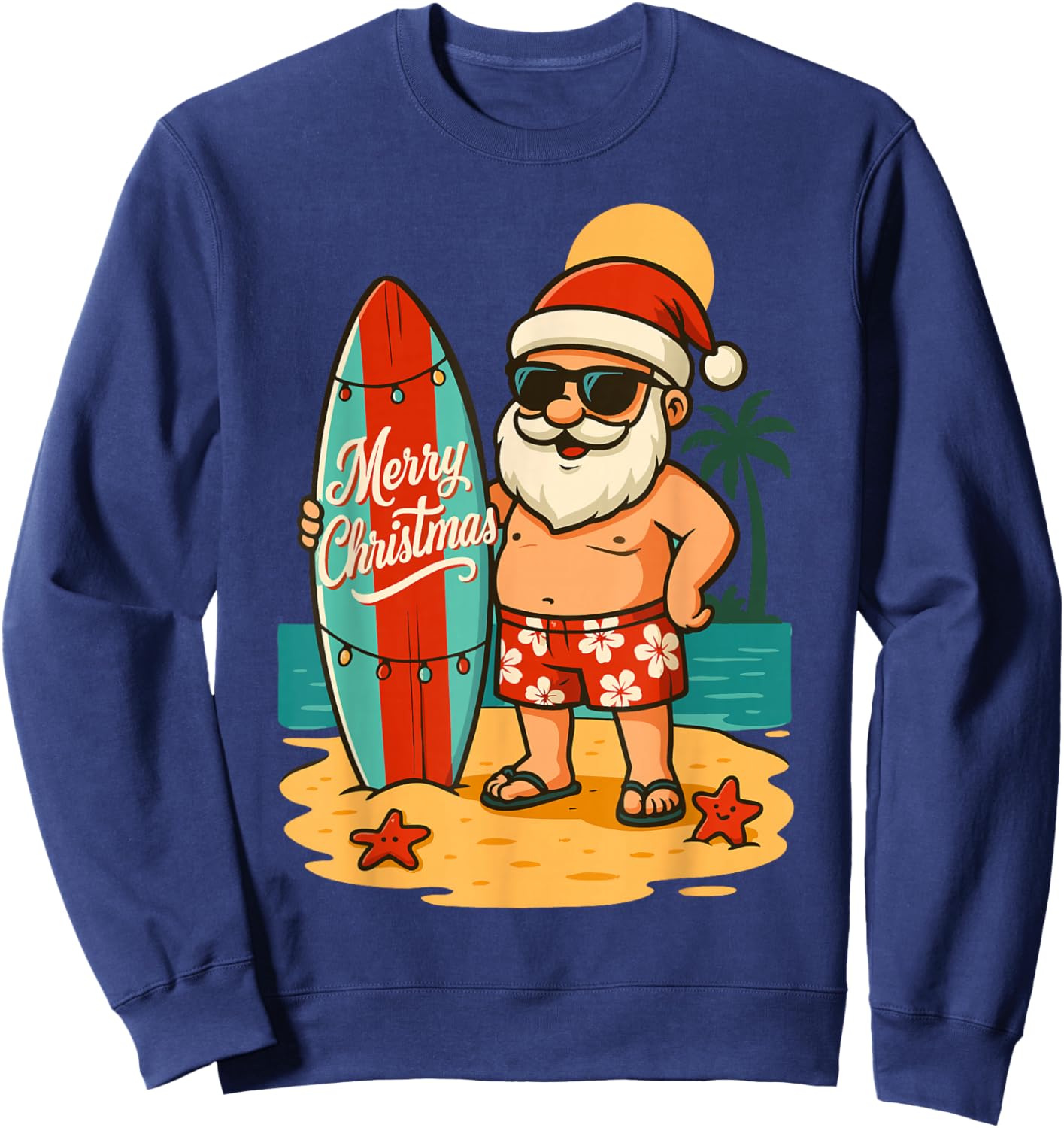 Santa Surfing Hawaiian Beach Christmas in July Tropical Xmas Sweatshirt - Sweatshirt | Navy
